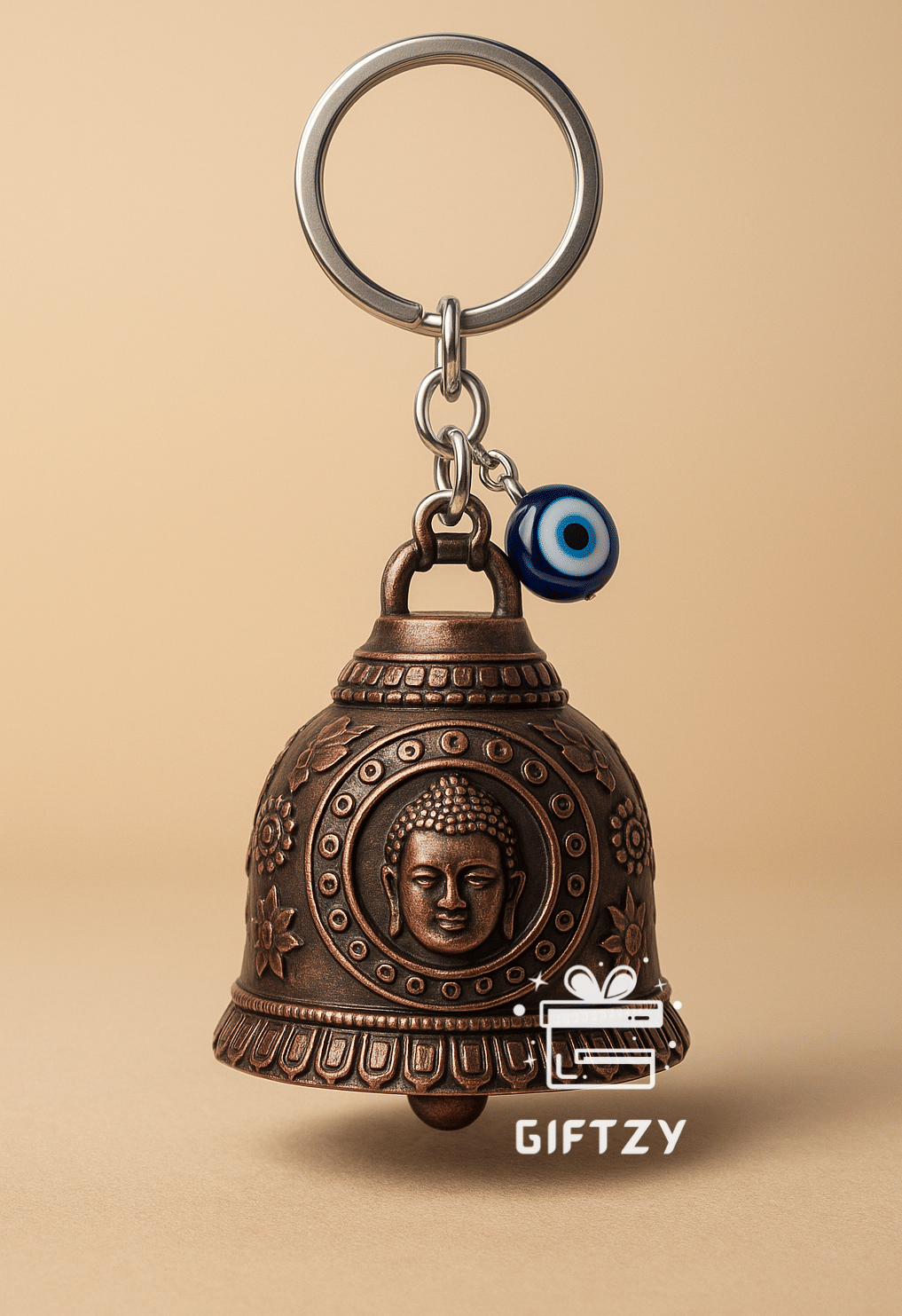 Buddha Guardian Bell Keychain with Evil Eye | Antique Red Finish Protective Lucky Bell for Riders | Spiritual Bike/Car Keyring & Gift for Men & Women