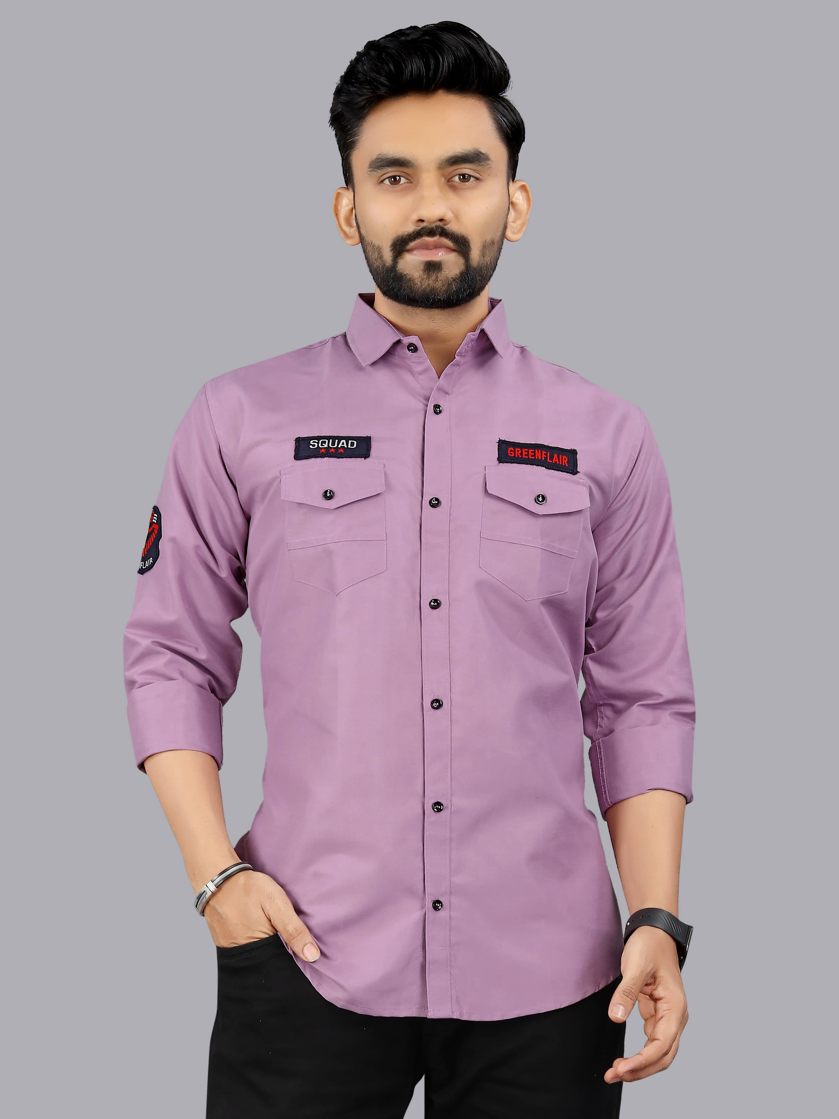 Greenflair Cotton Blend Regular Fit Embroidered Full Sleeves Men's Casual Shirt - Lavender ( Pack of 1 )