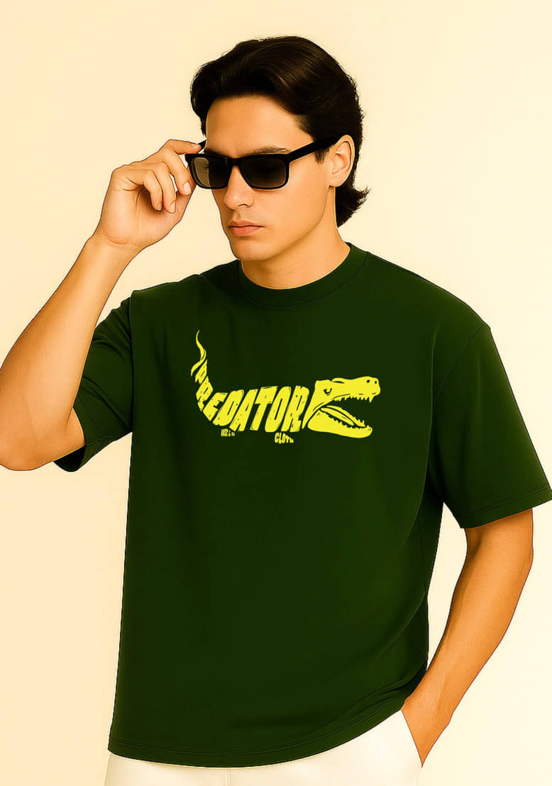     			HUSKandCO Men 100% Cotton Oversized Fit Printed T-Shirt ( Olive Green )