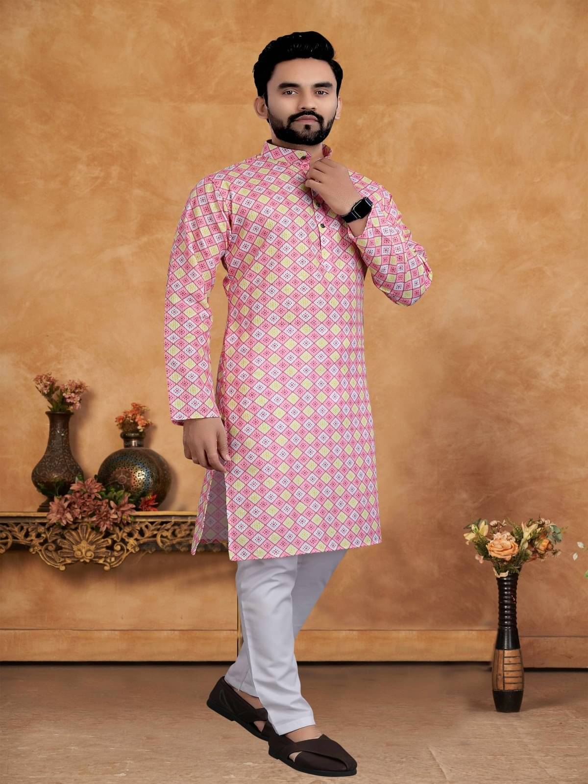     			KC Kunj Creation Pink Cotton Men's Regular Kurta ( Pack of 1 )