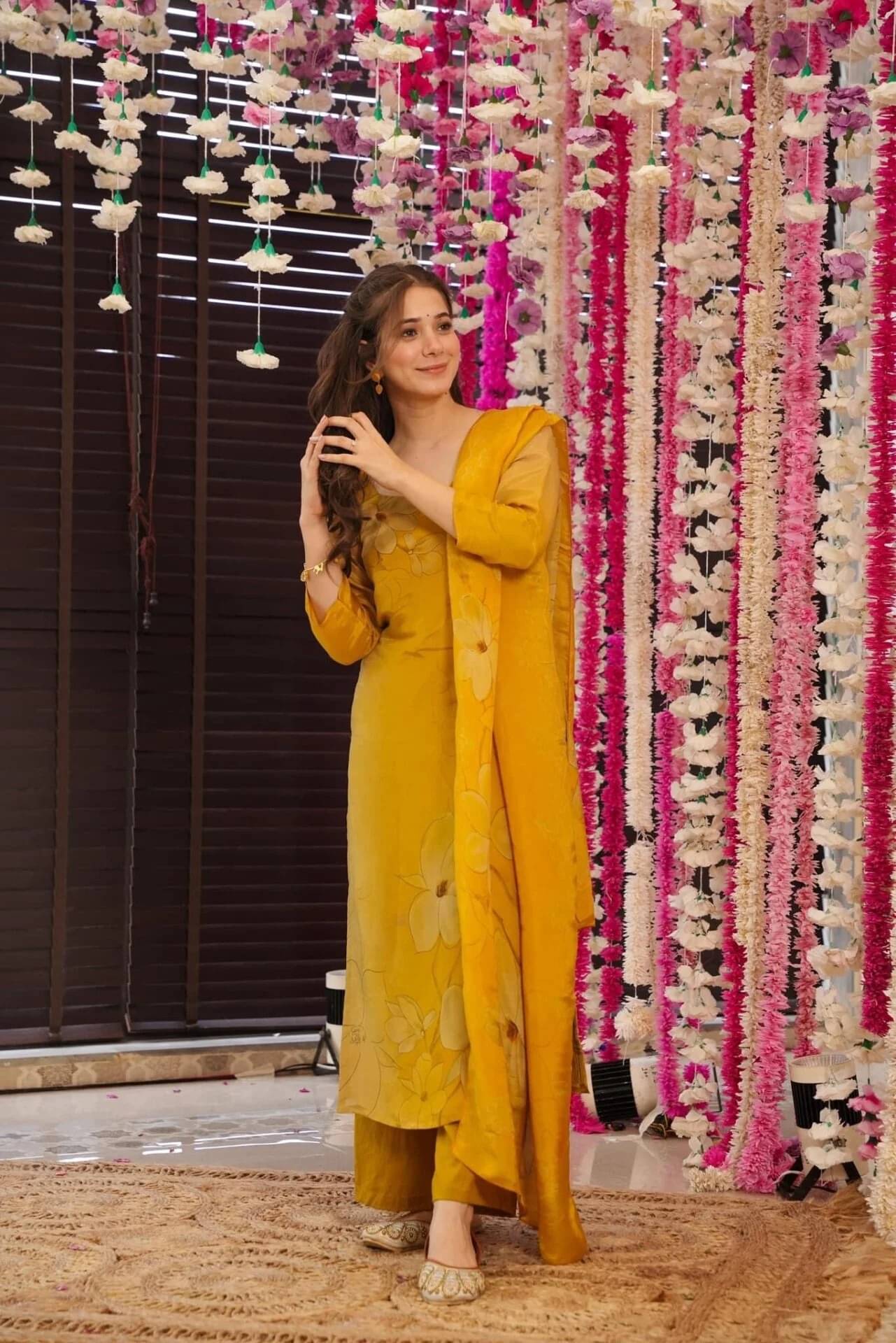     			KOTRONS Women Silk Printed A-line Kurti With Pants ( Yellow )