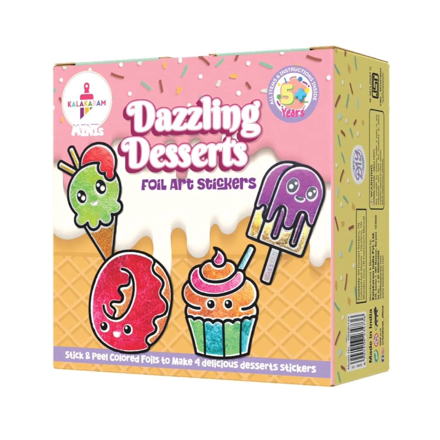     			Kalakaram Mini Dazzling Desserts Foil Art Kit – 4 Dessert‑Themed Foil Art Stickers, 10 Vibrant Foil Sheets, Child‑Safe Wooden Tool & Instructions – Creative DIY Craft Kit for Kids Aged 5+