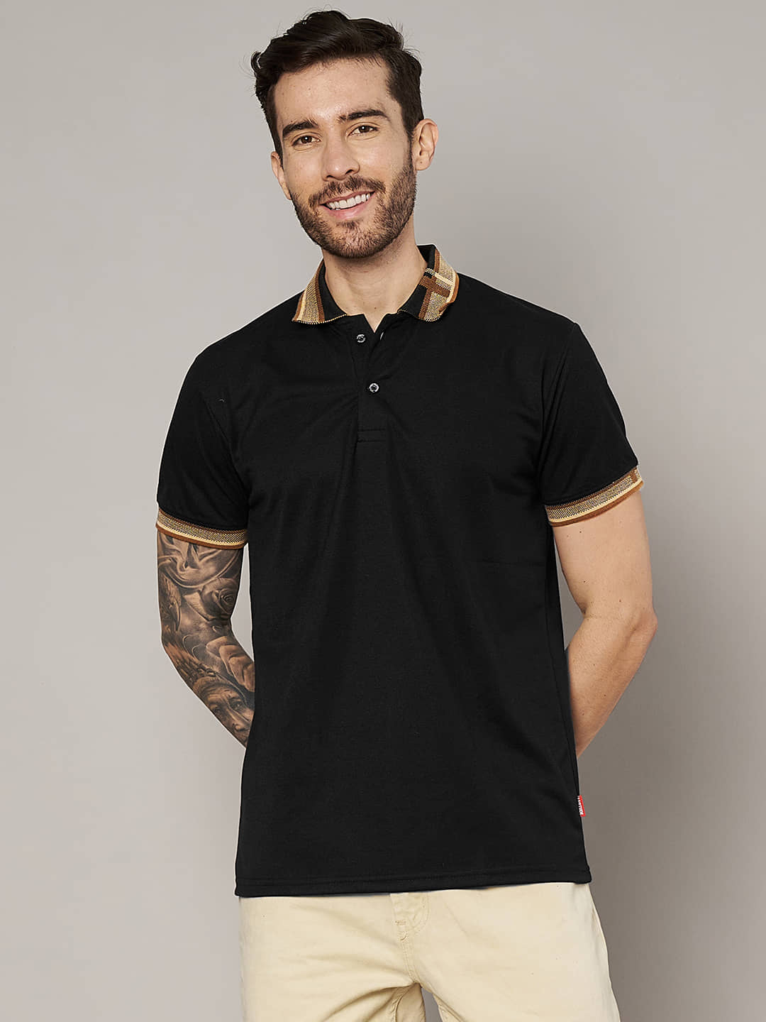 Leotude Men Cotton Blend Regular Fit Solid Polo T Shirt ( Black )