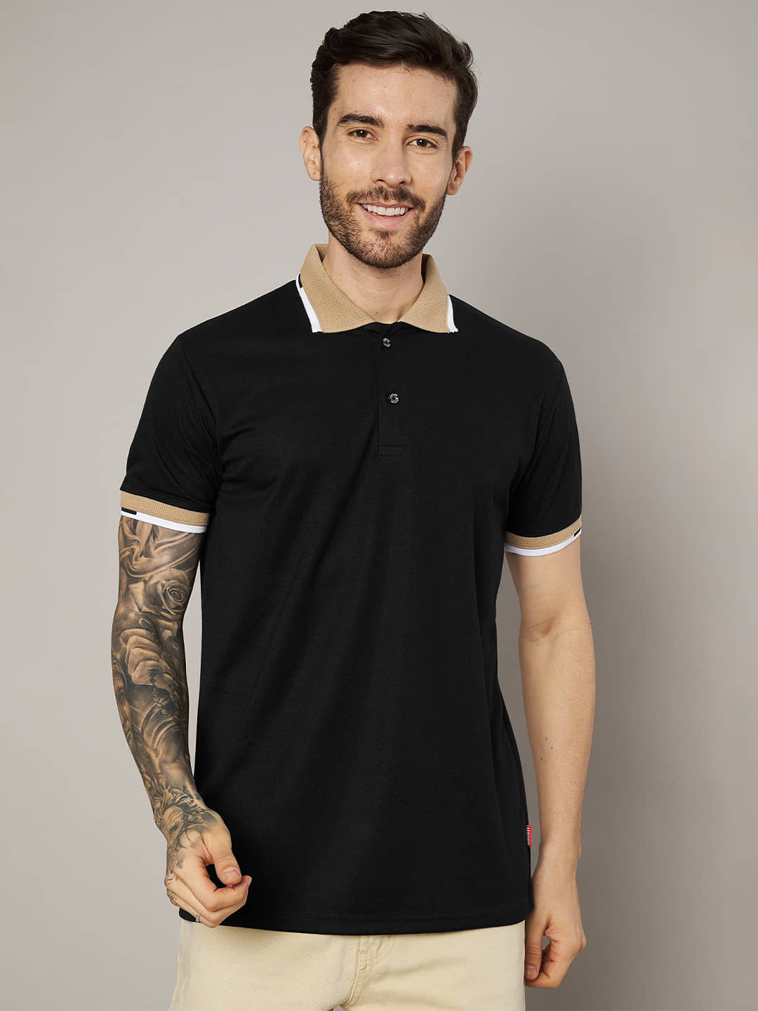 Leotude Men Cotton Blend Regular Fit Solid Polo T Shirt ( Black )