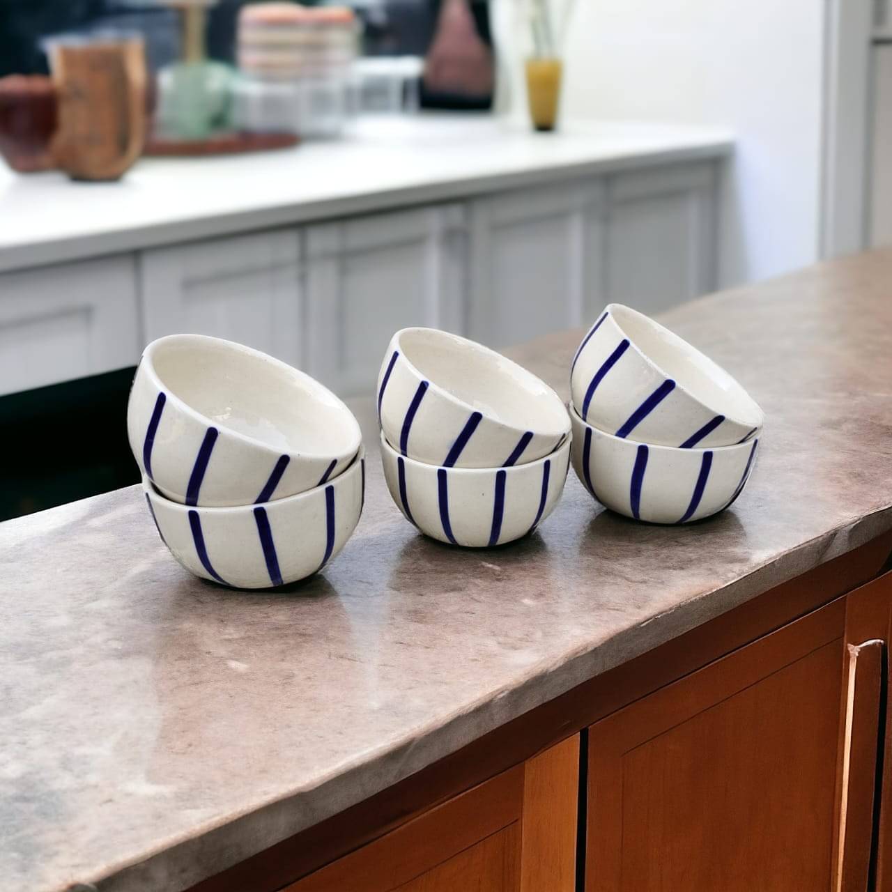 Malaikah Blue Line Printed Bowl Ceramic Printed Serving Bowl 10 cm ( Set of 6 ) White Malaikah Blue Line Printed Bowl Ceramic Printed Serving Bowl 10 cm ( Set of 6 ) White