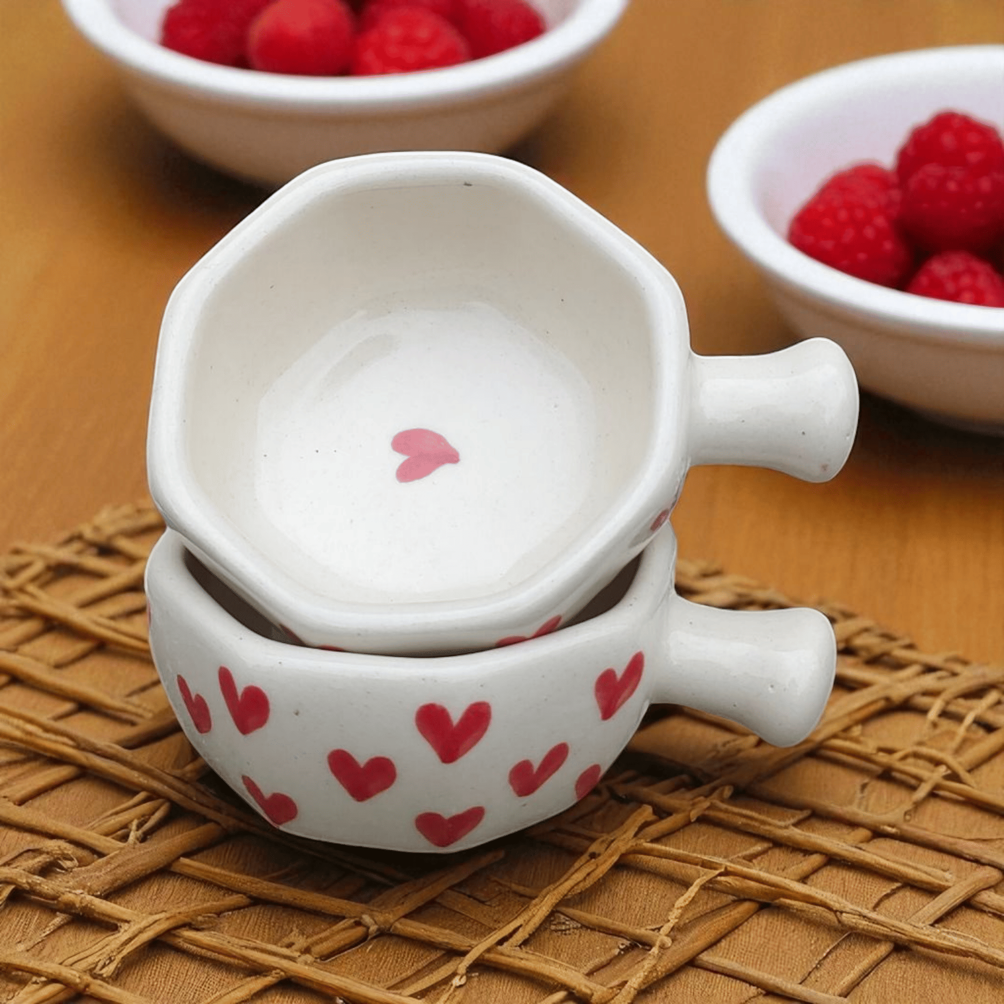    			Malaikah Red Hrt Hexagonal Chutney Bowl Ceramic Printed Snacks Bowl 6 cm ( Set of 2 ) Multicolor