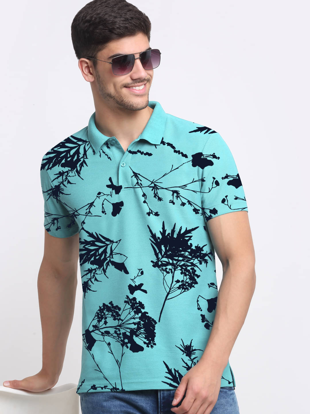 Merriment Men Cotton Blend Regular Fit Printed Polo T Shirt ( Aqua ) Merriment Men Cotton Blend Regular Fit Printed Polo T Shirt ( Aqua )