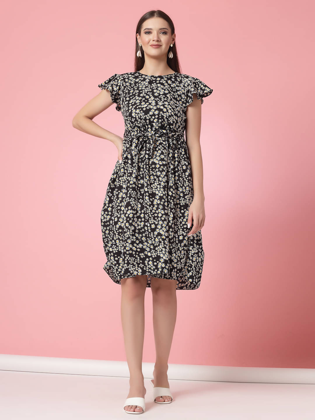Oomph! Women Crepe Printed A-line Dress ( Black )     			Oomph! Women Crepe Printed A-line Dress ( Black )