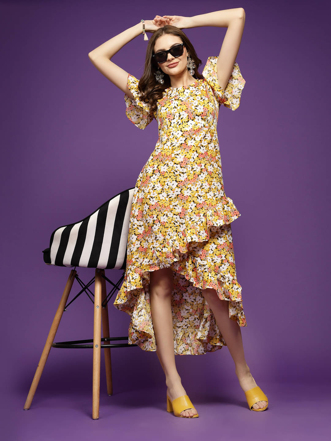     			Oomph! Women Crepe Printed A-line Dress ( Yellow )