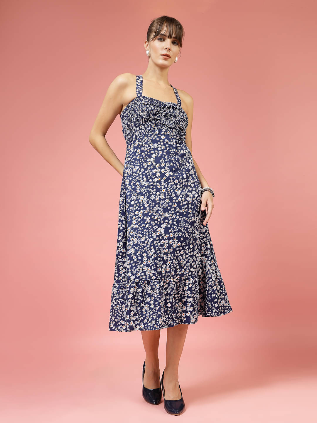 Oomph! Women Crepe Printed A-line Dress ( Blue ) Oomph! Women Crepe Printed A-line Dress ( Blue )