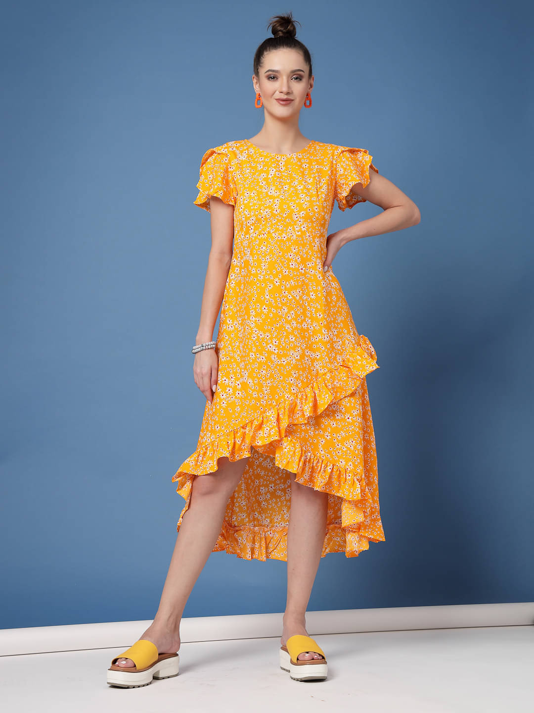     			Oomph! Women Crepe Printed A-line Dress ( Yellow )