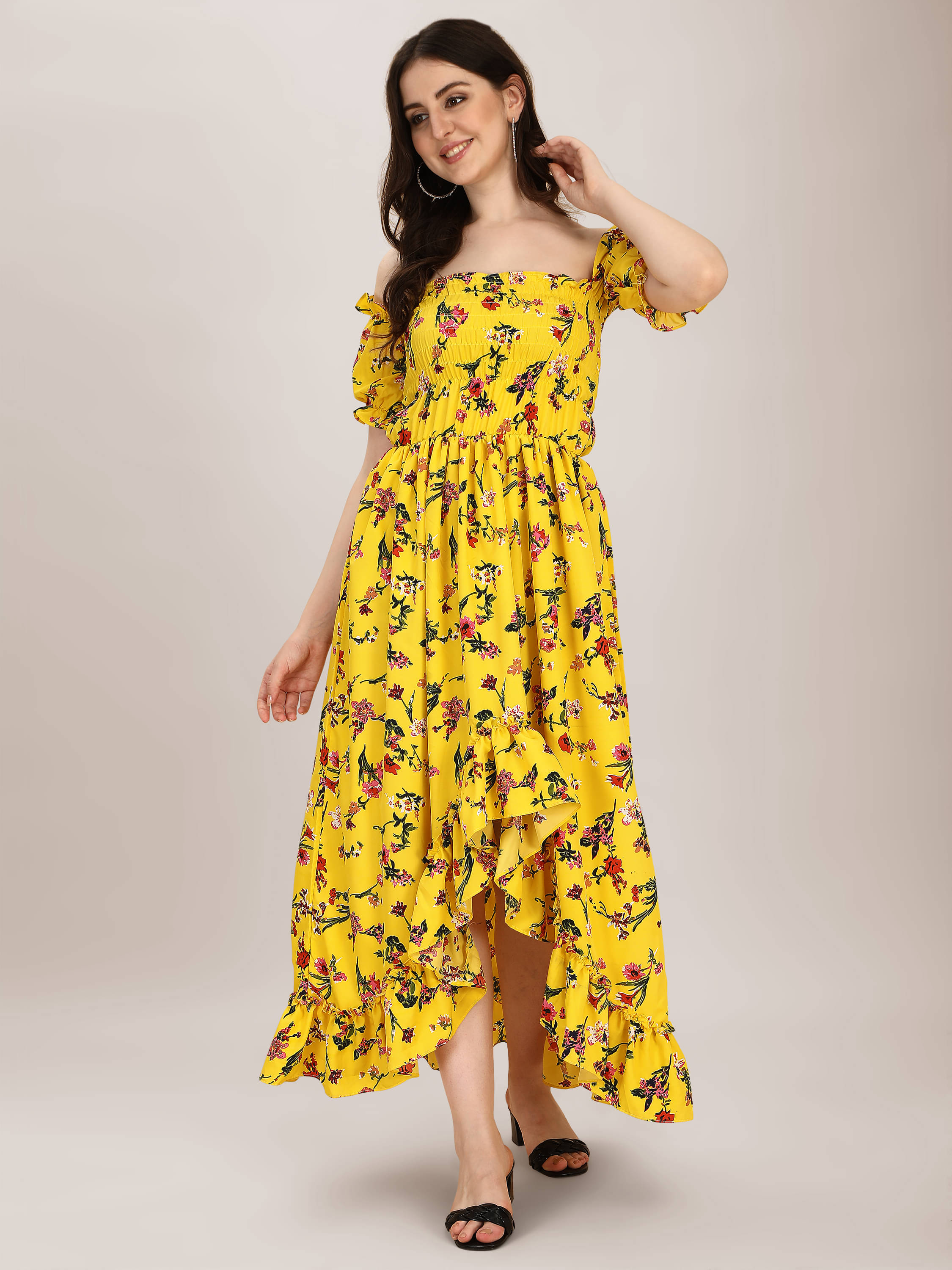 Oomph! Women Crepe Printed A-line Dress ( Yellow )     			Oomph! Women Crepe Printed A-line Dress ( Yellow )