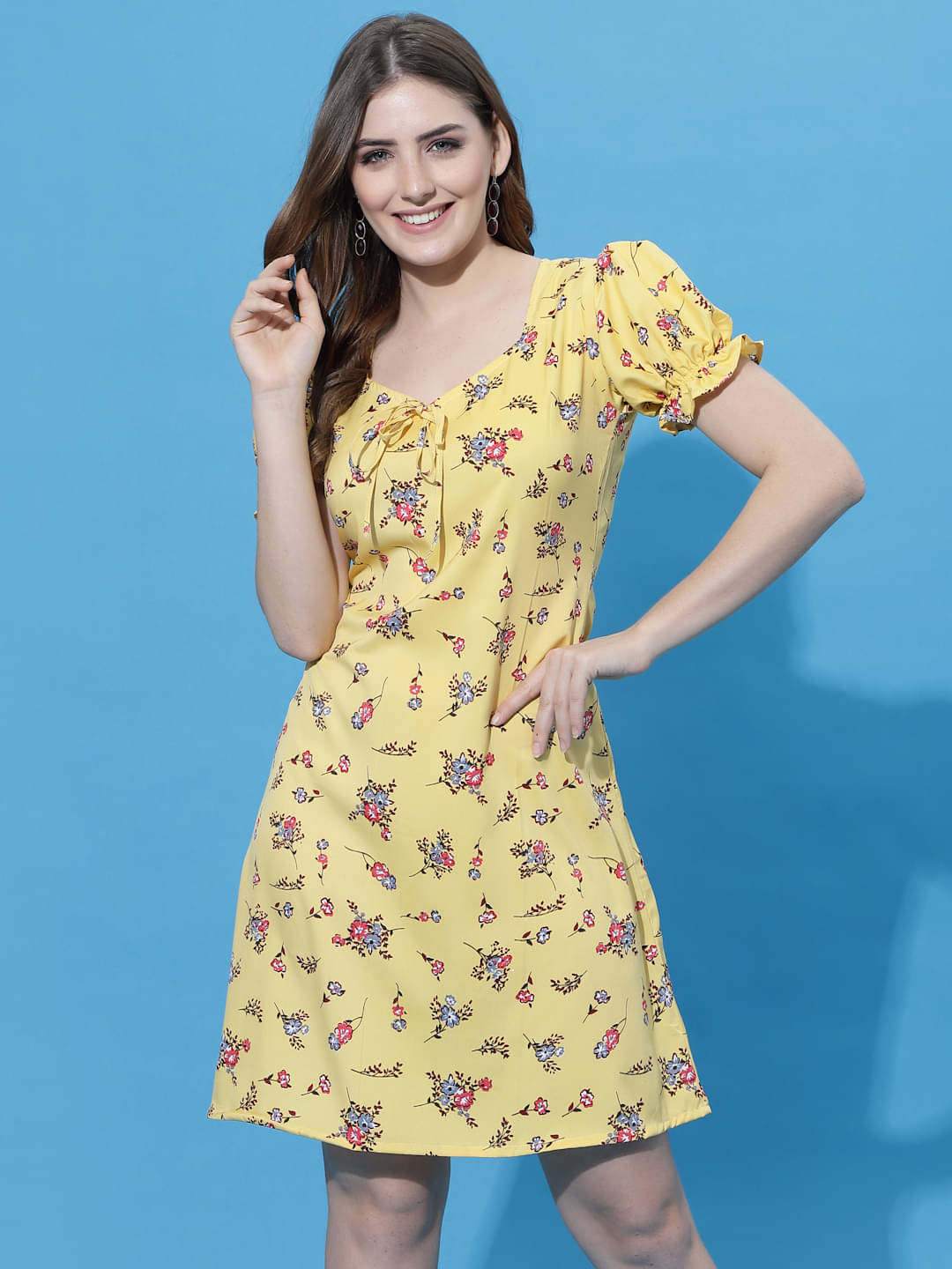     			Oomph! Women Crepe Printed A-line Dress ( Yellow )