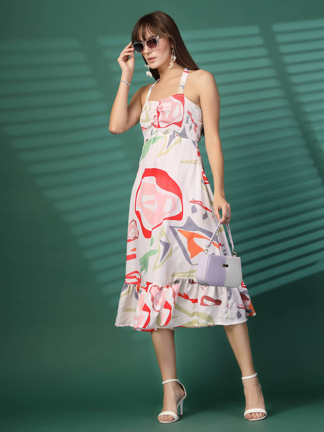 Oomph! Women Crepe Printed A-line Dress ( White )     			Oomph! Women Crepe Printed A-line Dress ( White )