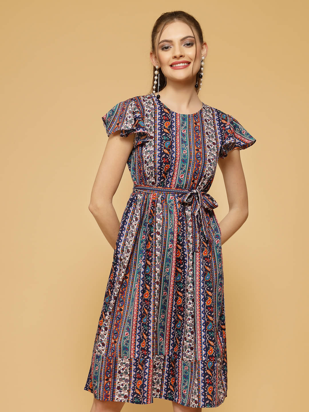     			Oomph! Women Crepe Printed A-line Dress ( Multicolor )