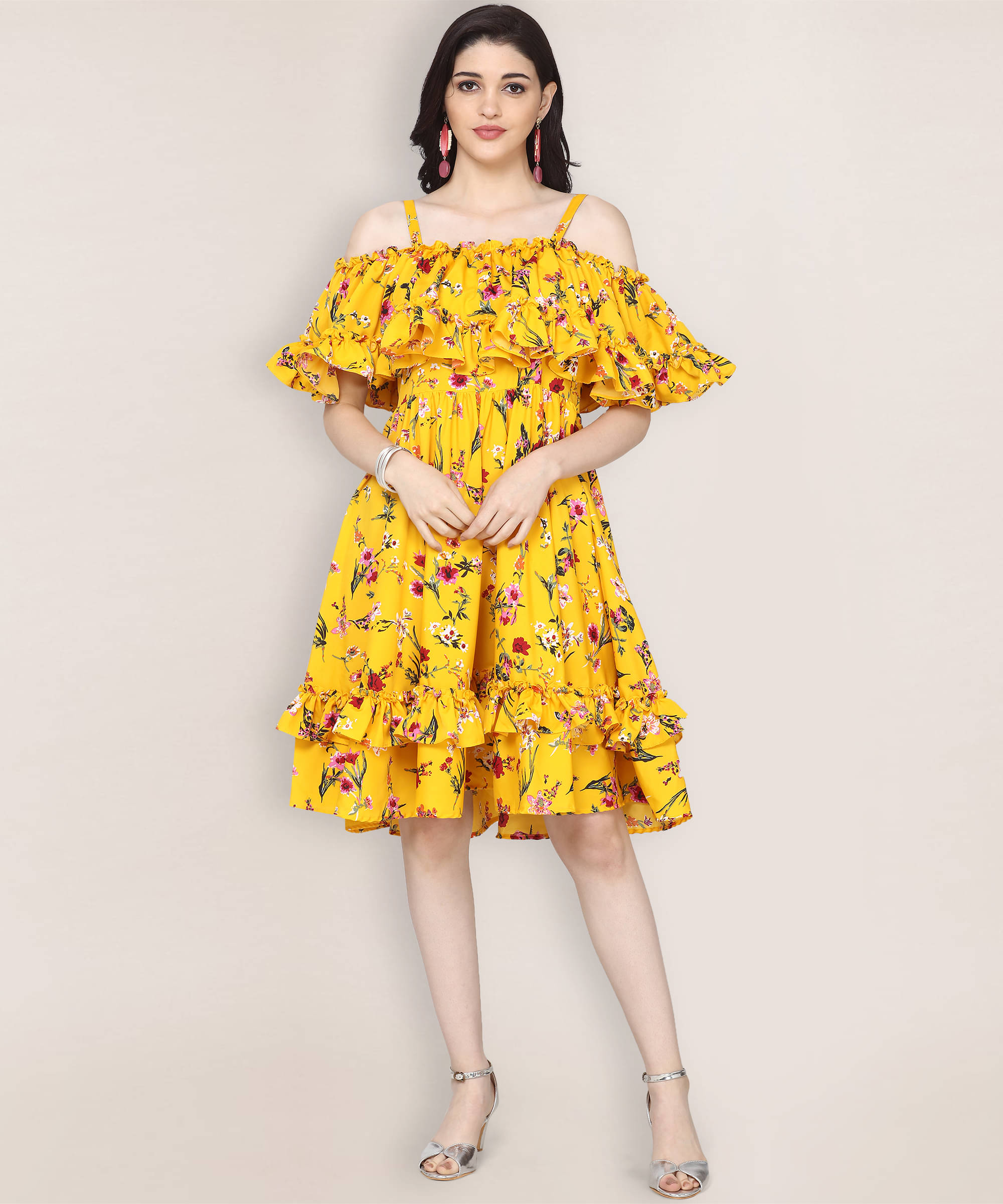 Oomph! Women Crepe Printed Fit & Flare Dress ( Yellow ) Oomph! Women Crepe Printed Fit & Flare Dress ( Yellow )
