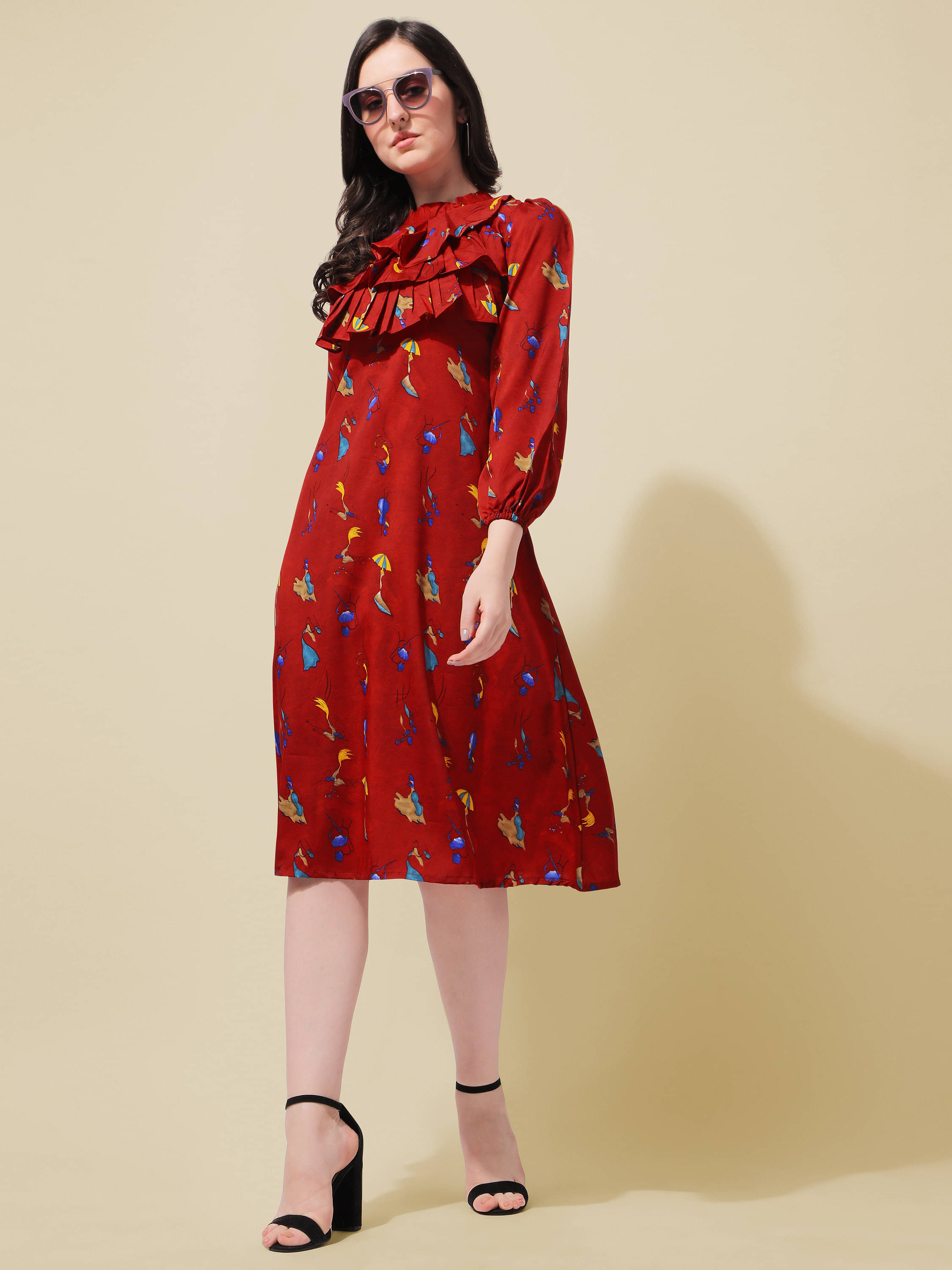     			Oomph! Women Crepe Printed Fit & Flare Dress ( Red )