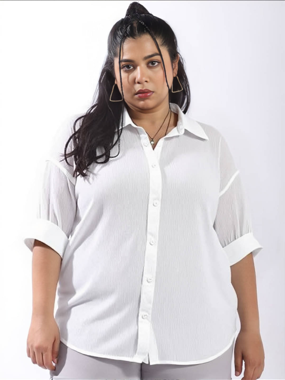 PLUS PARADISE Women Solid Poly Crepe Shirt ( White ) PLUS PARADISE Women Solid Poly Crepe Shirt ( White )
