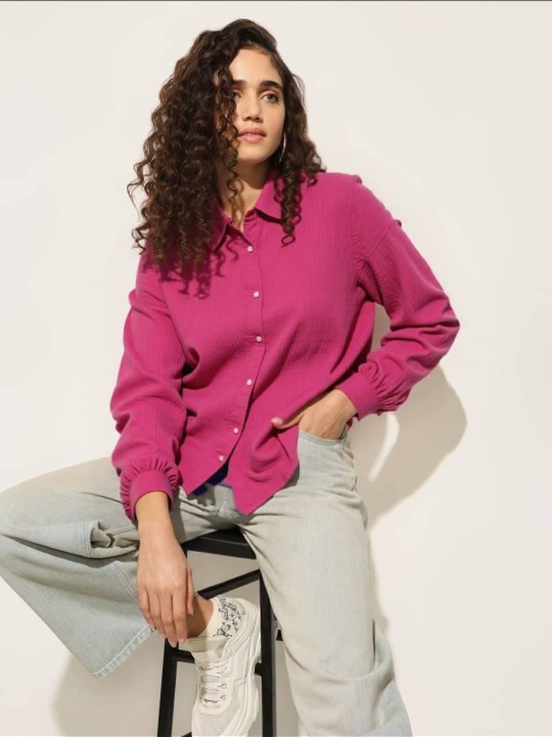 PLUS PARADISE Women Solid Poly Crepe Shirt ( Pink ) PLUS PARADISE Women Solid Poly Crepe Shirt ( Pink )