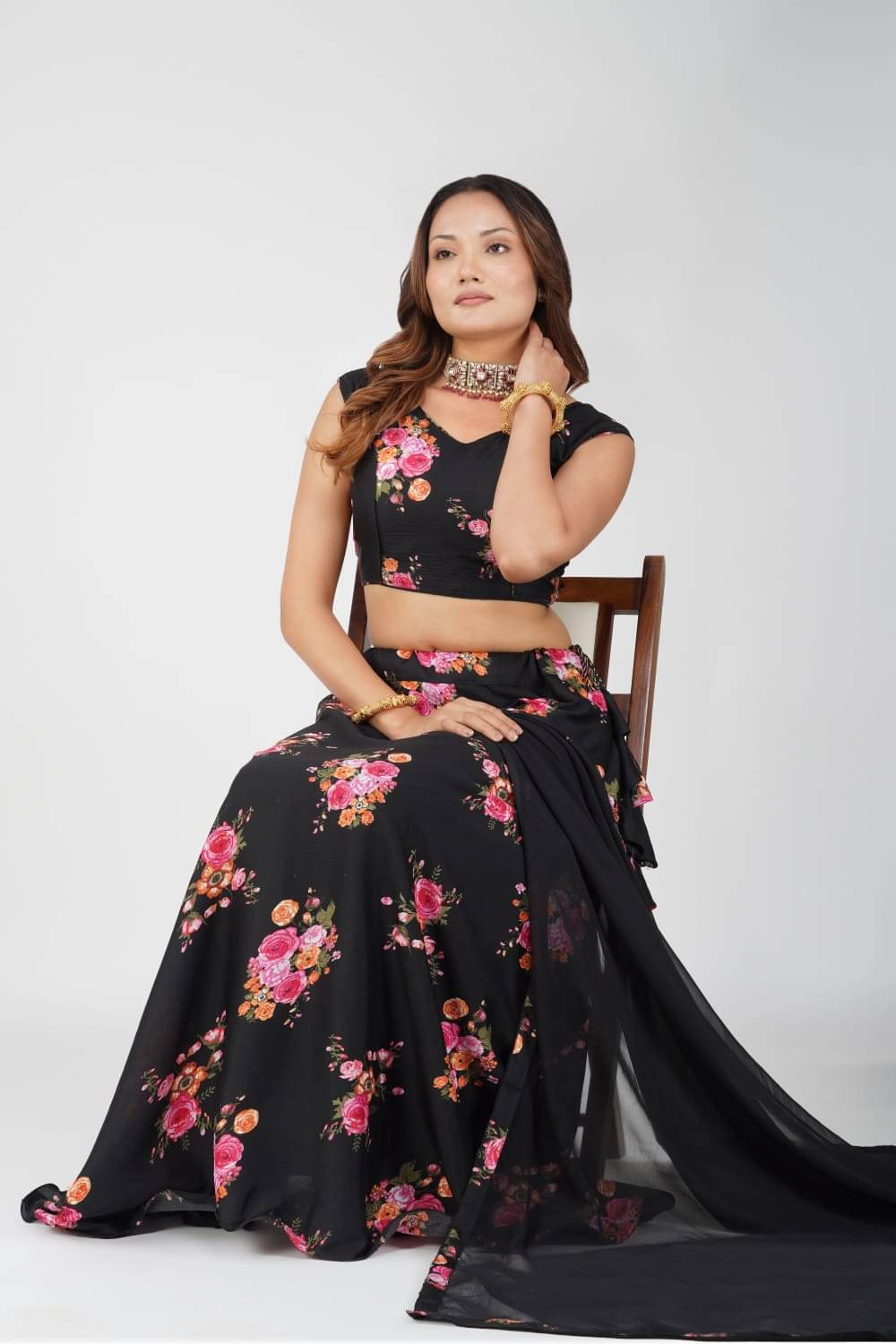    			PuriMaa Black Crepe Silk Circular Semi Stitched Lehenga Single
