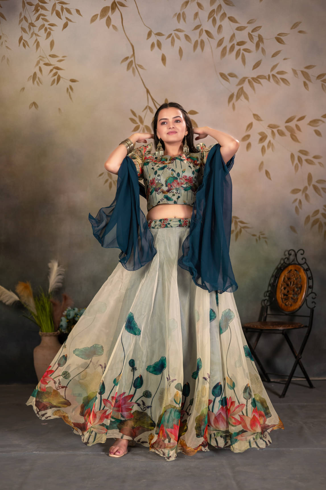     			PuriMaa Blue Organza Circular Semi Stitched Lehenga Single