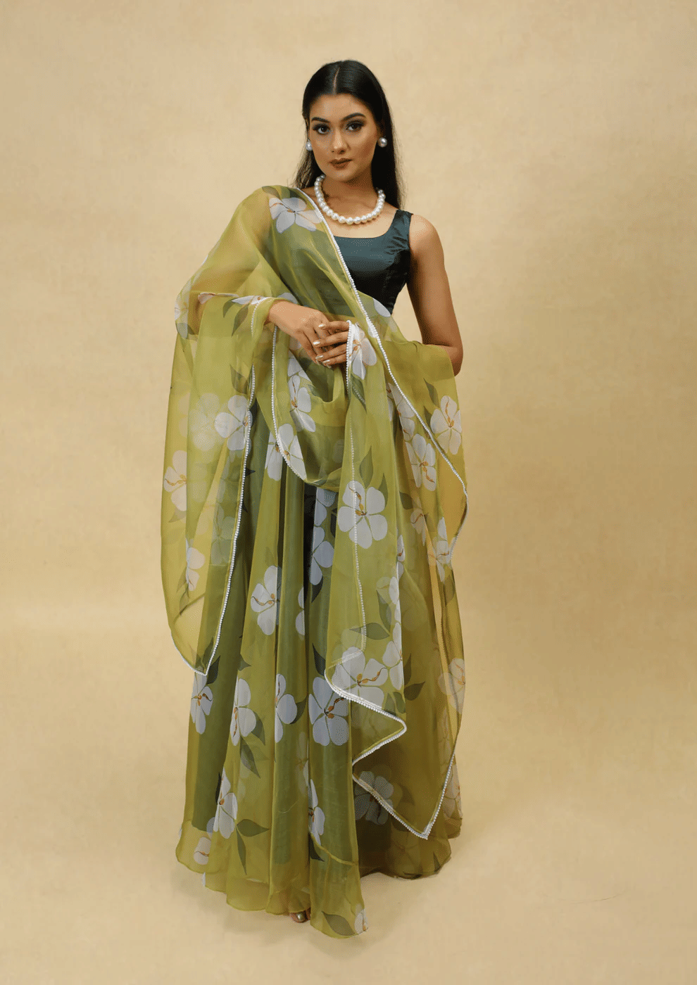     			PuriMaa Green Organza Circular Semi Stitched Lehenga Single