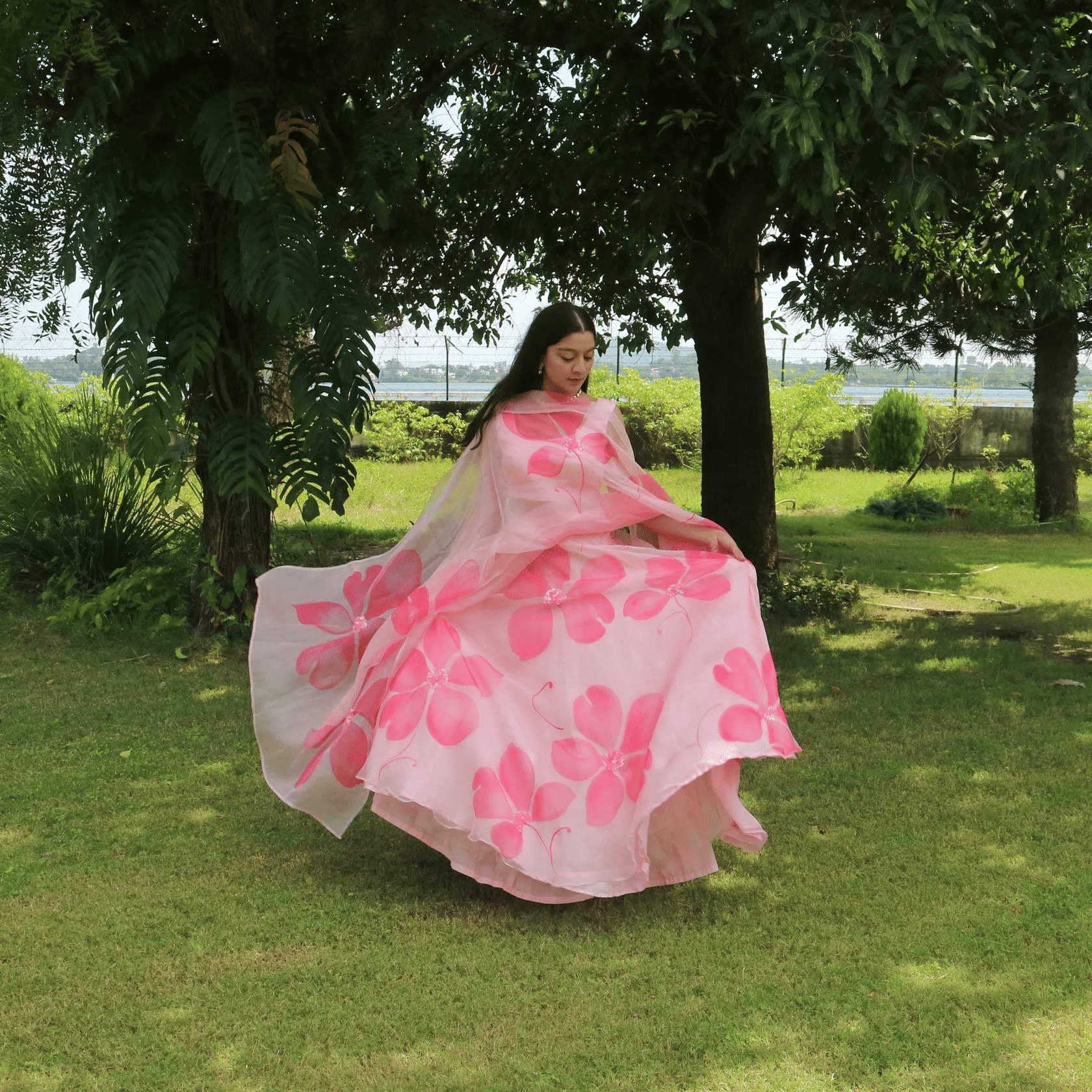 PuriMaa Pink Organza Circular Semi Stitched Lehenga Single     			PuriMaa Pink Organza Circular Semi Stitched Lehenga Single
