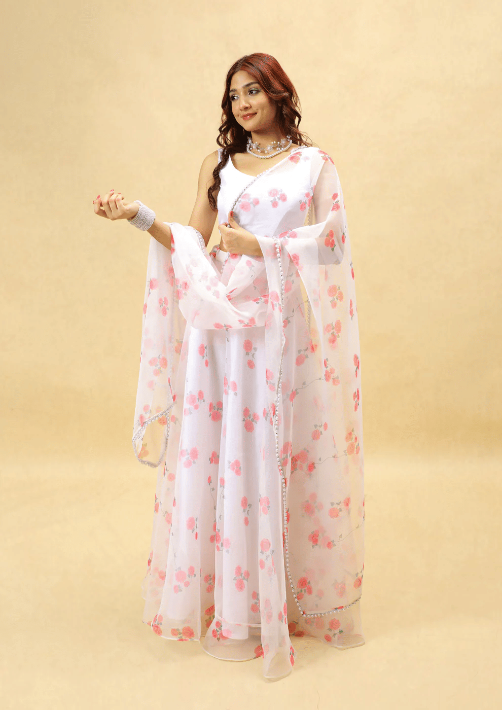     			PuriMaa White Organza Circular Semi Stitched Lehenga Single