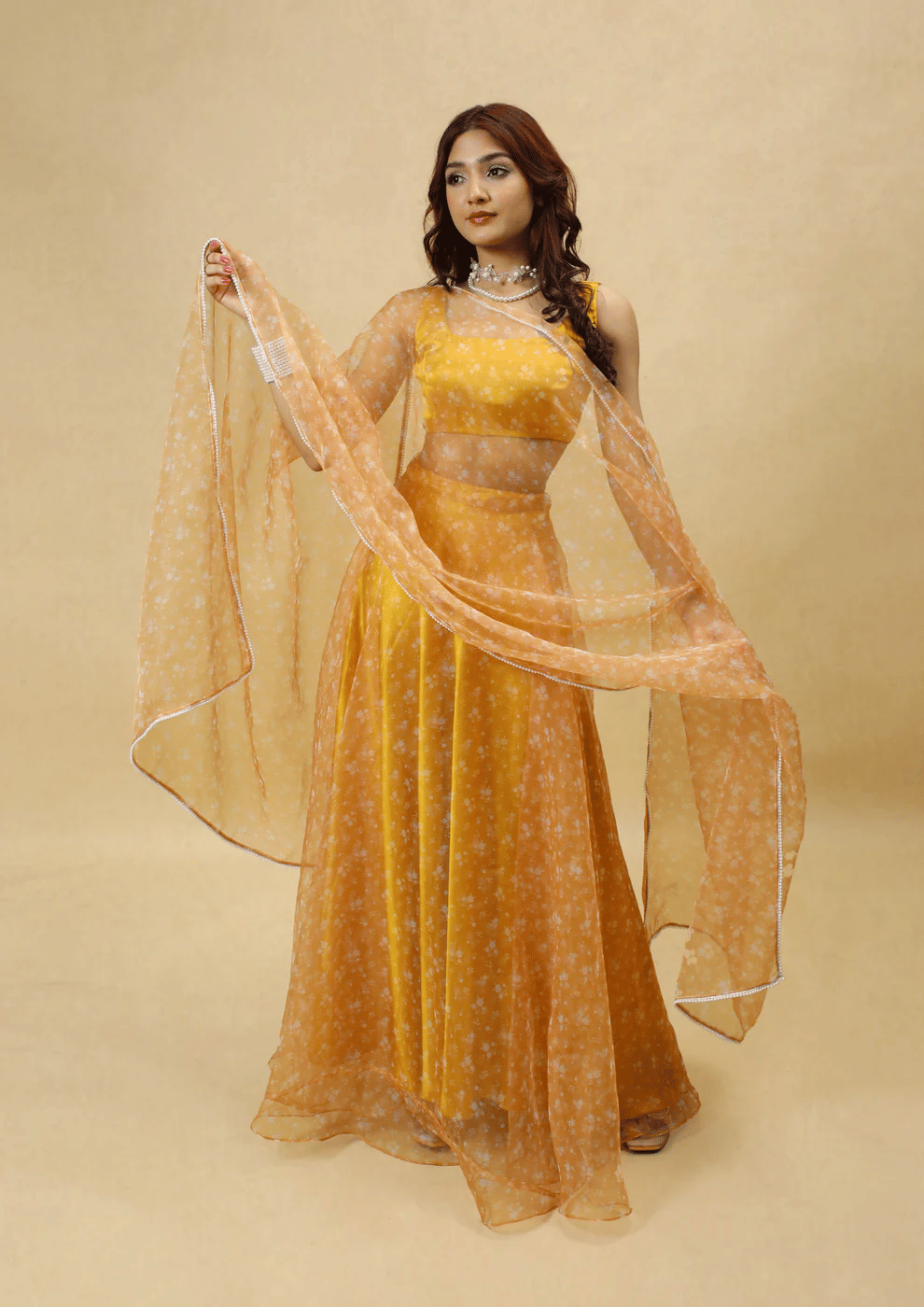     			PuriMaa Yellow Organza Circular Semi Stitched Lehenga Single