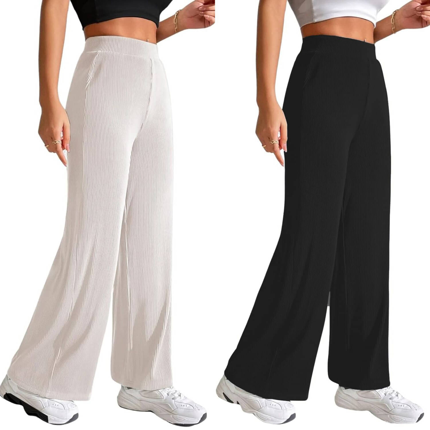    			Qyaas Women Lycra Wide Leg Trousers ( White,Black )