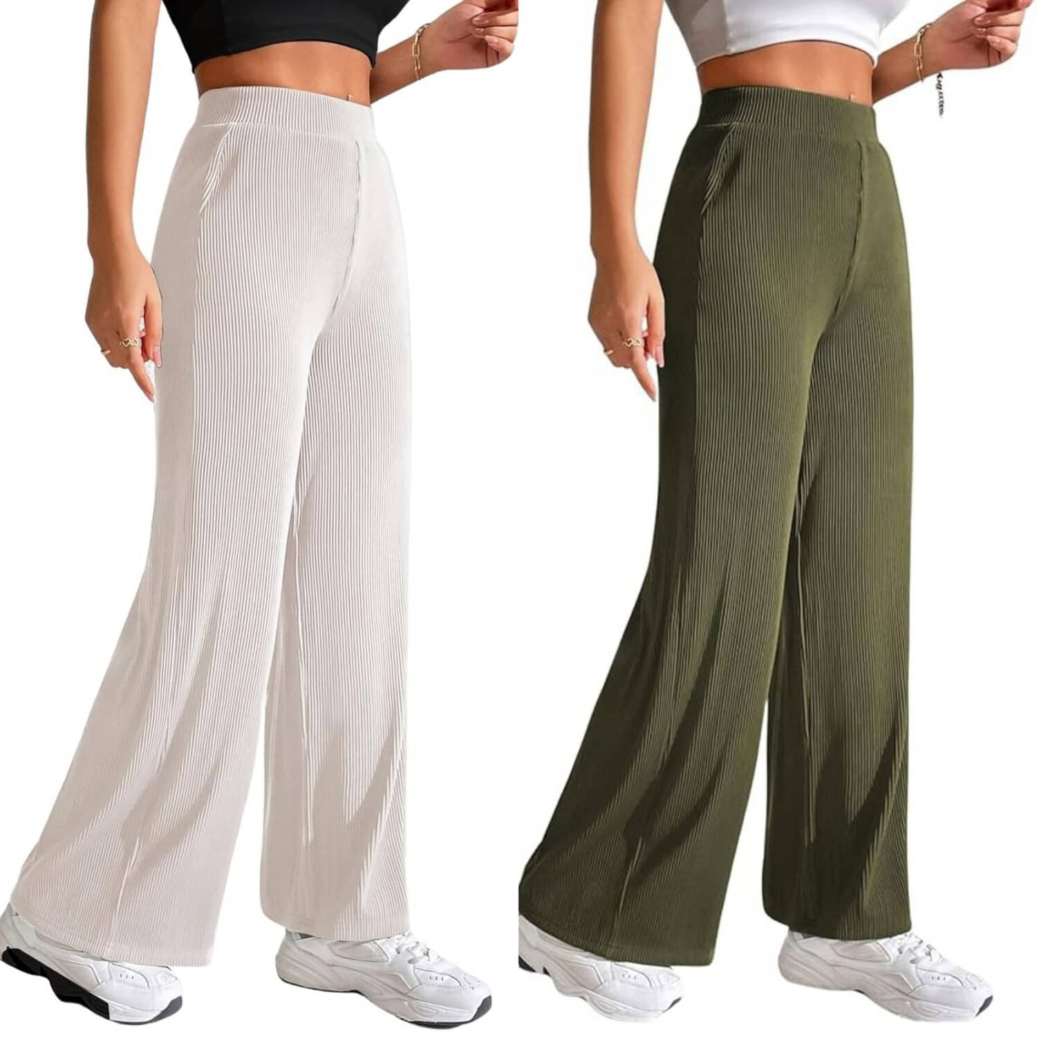     			Qyaas Women Lycra Wide Leg Trousers ( White,Olive )