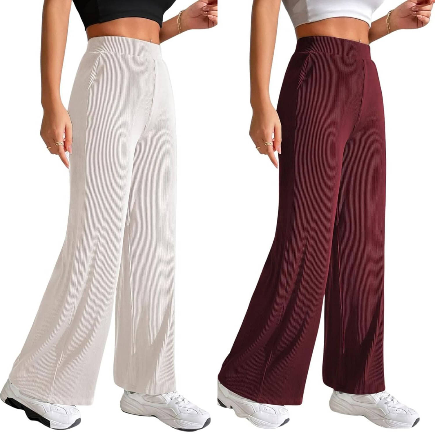     			Qyaas Women Lycra Wide Leg Trousers ( White,Maroon )