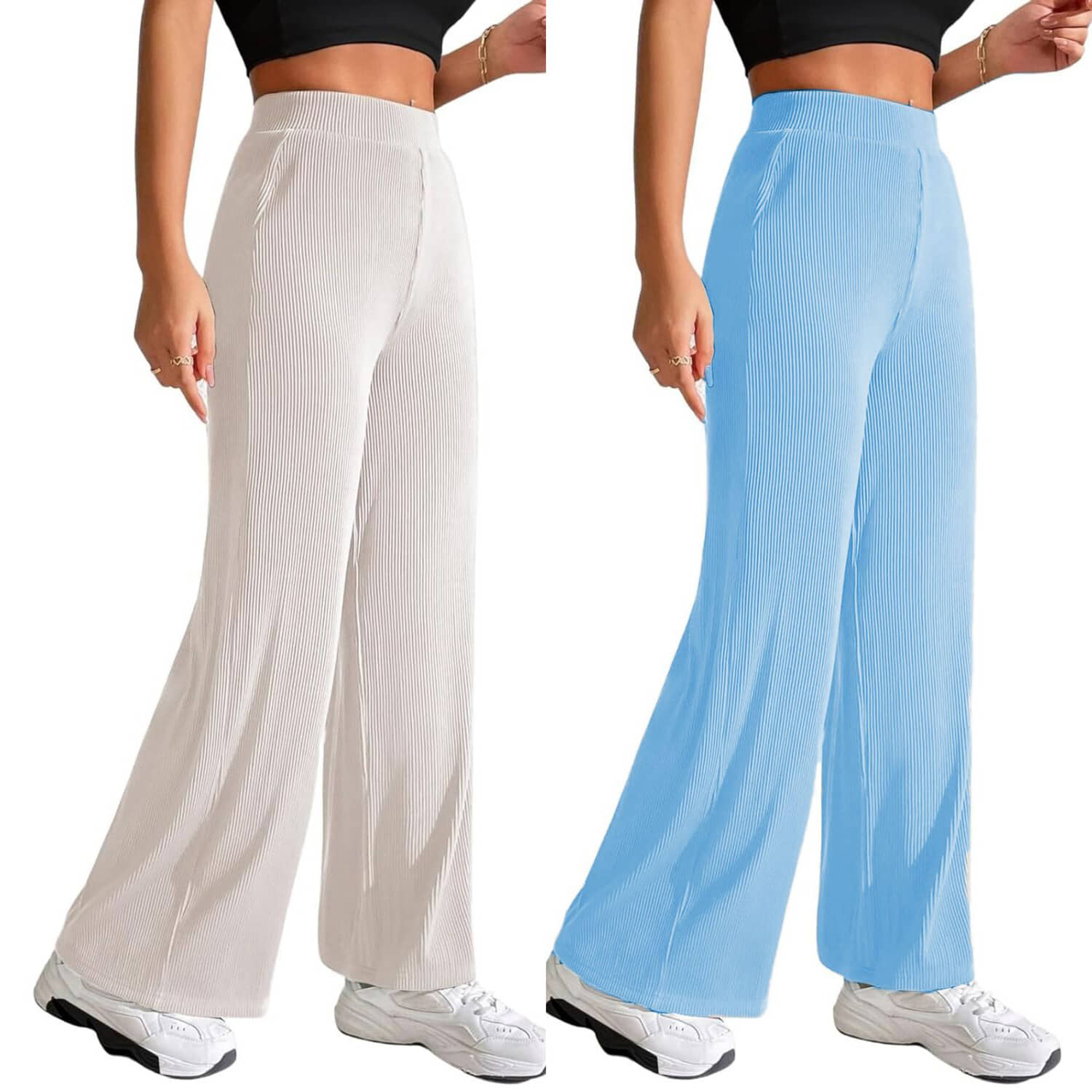 Qyaas Women Knitted Wide Leg Trousers ( White,Light Blue ) - Trousers | Buy online on ZillyBuy