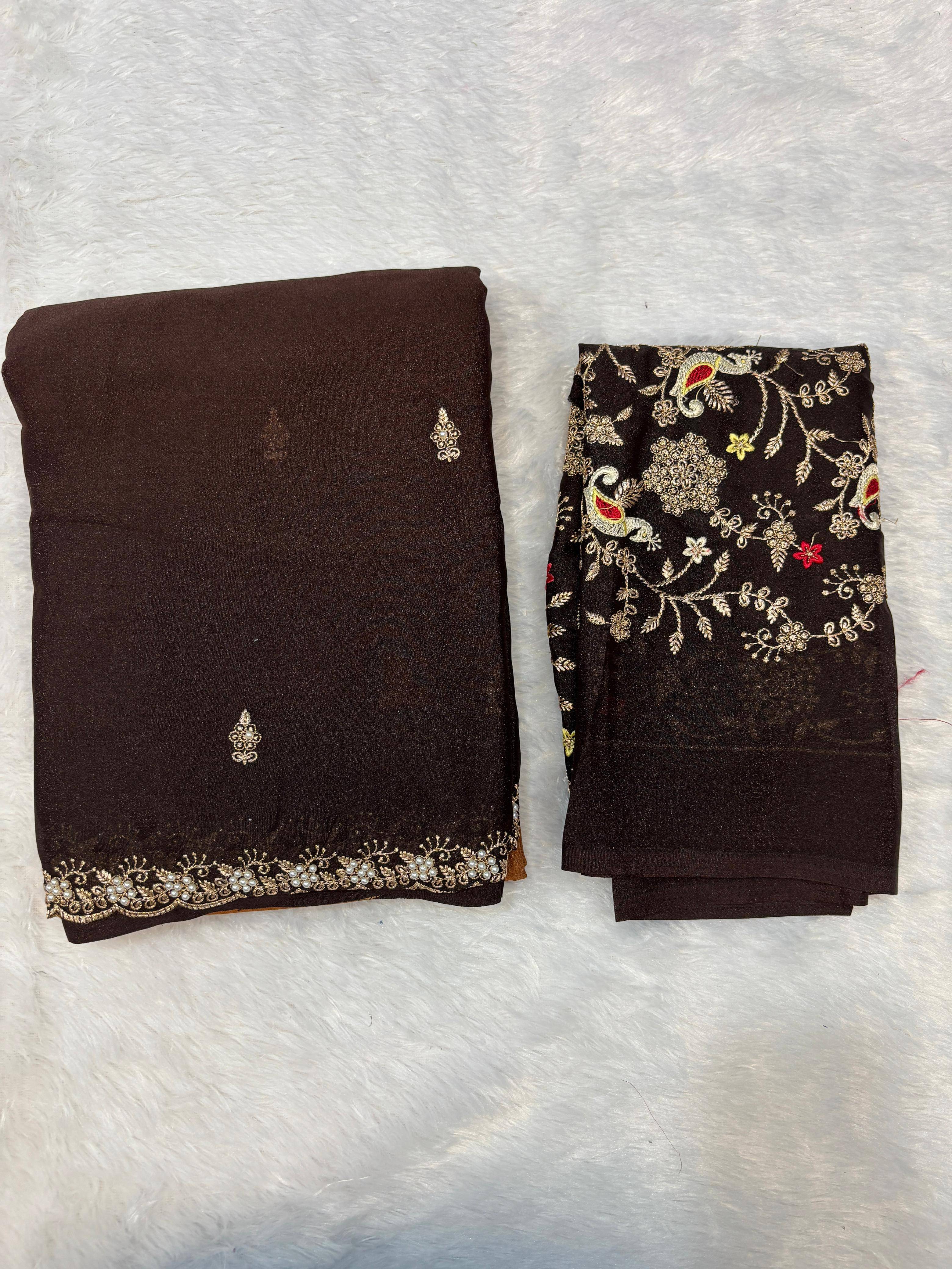     			SHRIMORI Chanderi Embellished Chanderi saree With Unstitched Blouse Piece ( Brown )