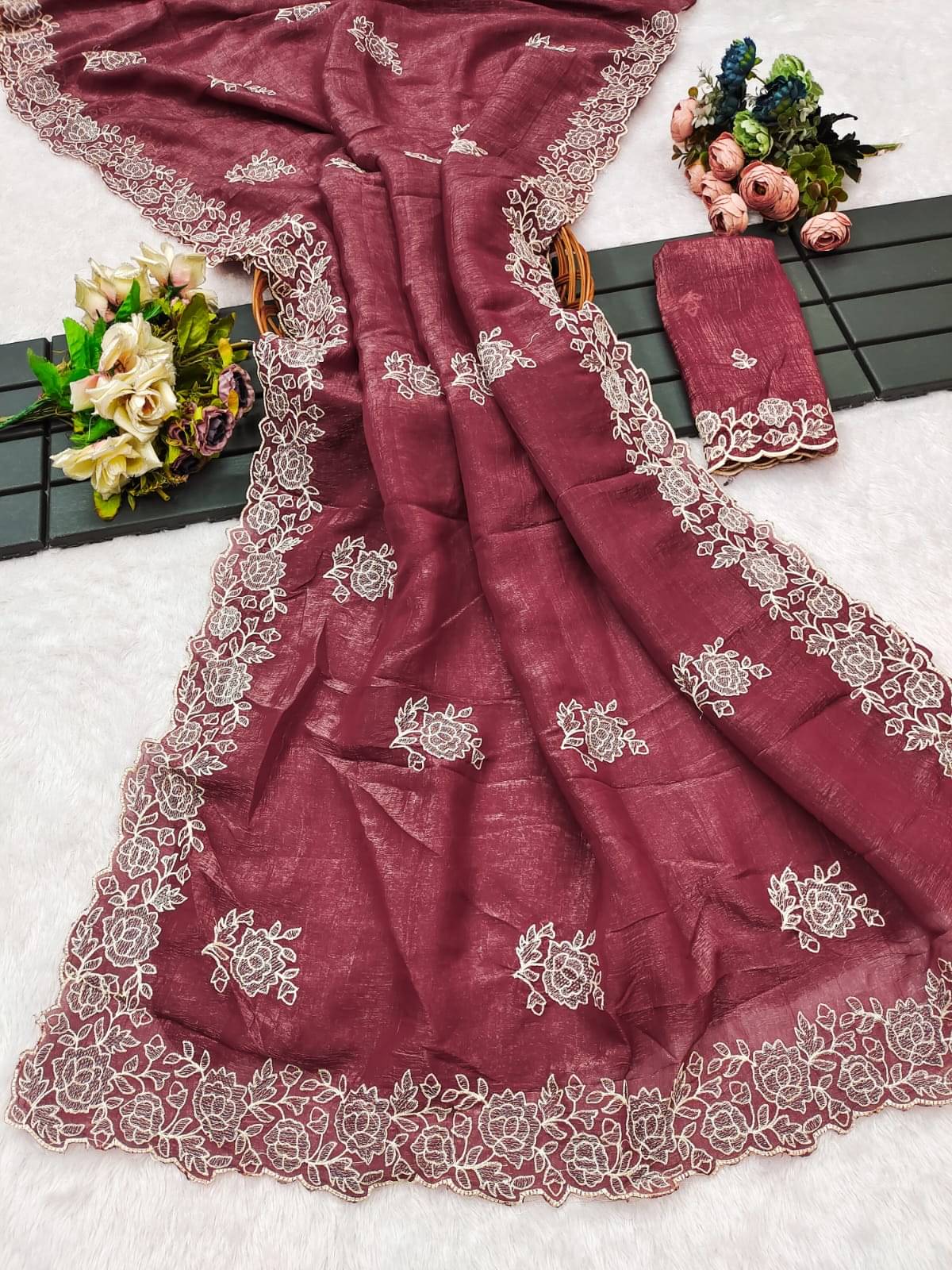 SHRIMORI Silk Blend Embellished Maheshwari Saree With Unstitched Blouse Piece ( Maroon ) SHRIMORI Silk Blend Embellished Maheshwari Saree With Unstitched Blouse Piece ( Maroon )