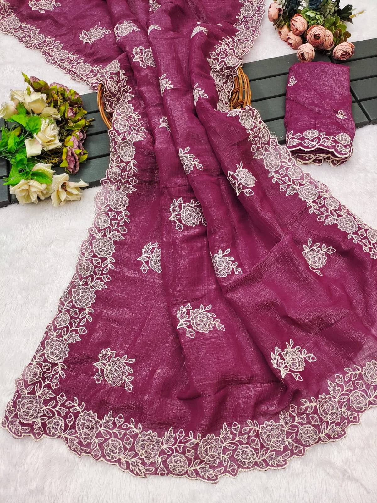 SHRIMORI Silk Blend Embellished Maheshwari Saree With Unstitched Blouse Piece ( Wine )     			SHRIMORI Silk Blend Embellished Maheshwari Saree With Unstitched Blouse Piece ( Wine )