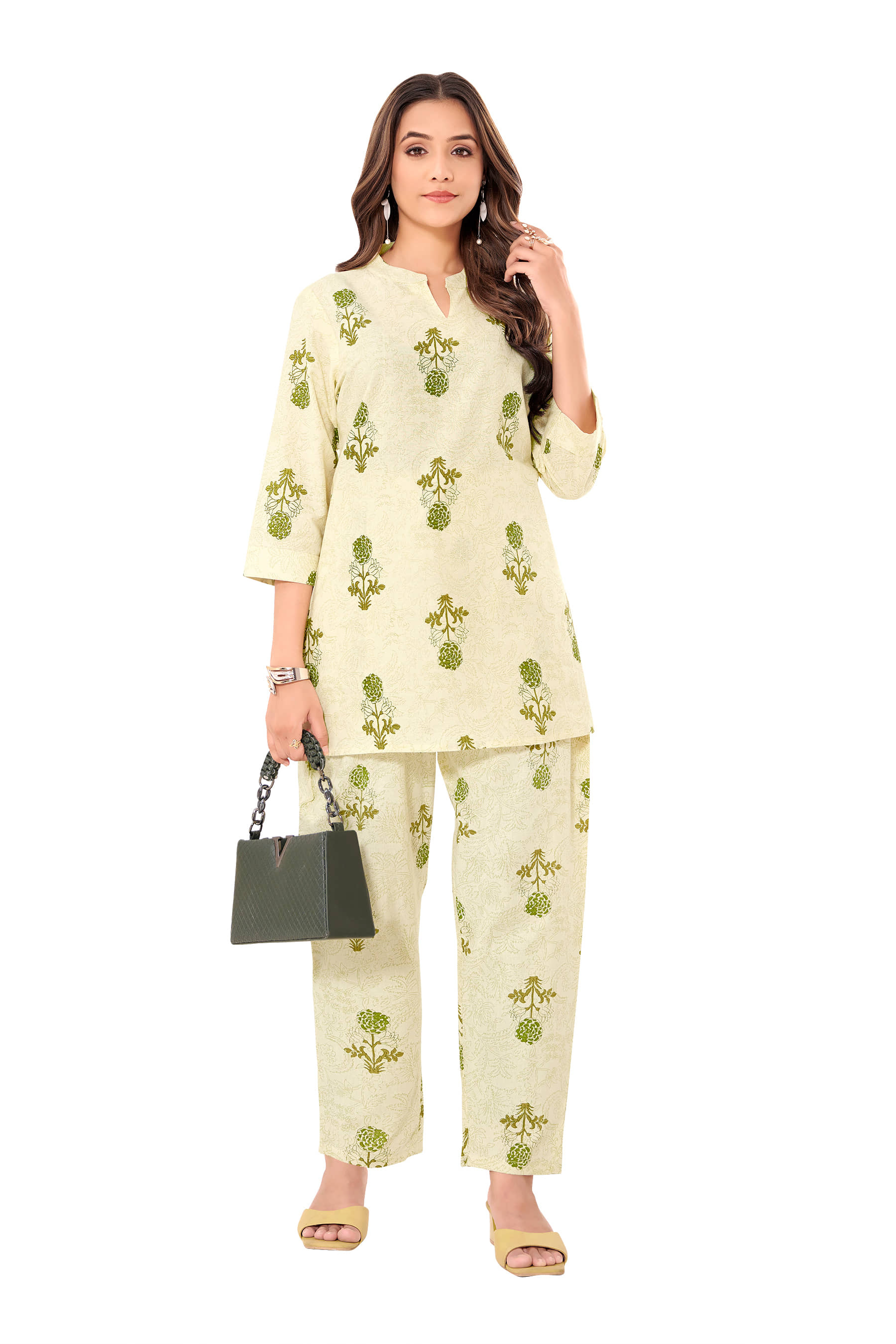 SIMMU Women Printed Top With Palazzos Co-Ord Set ( Cream )