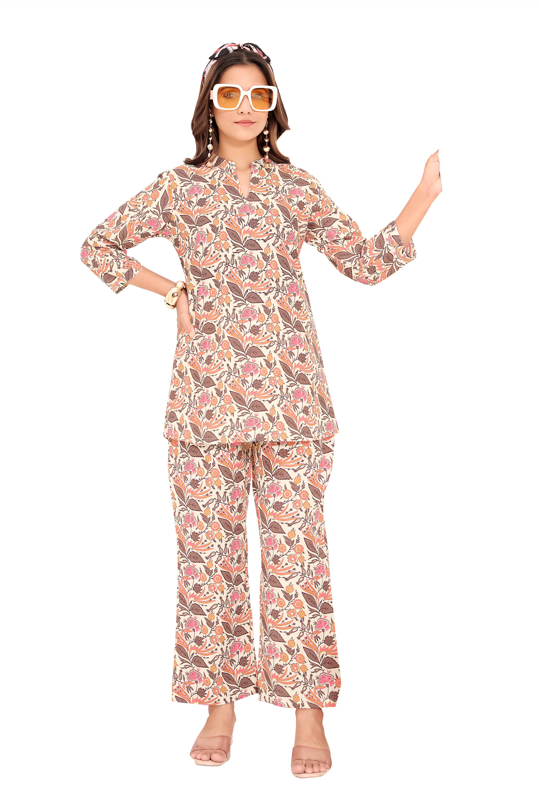     			SIMMU Women Printed Top With Palazzos Co-Ord Set ( Cream )