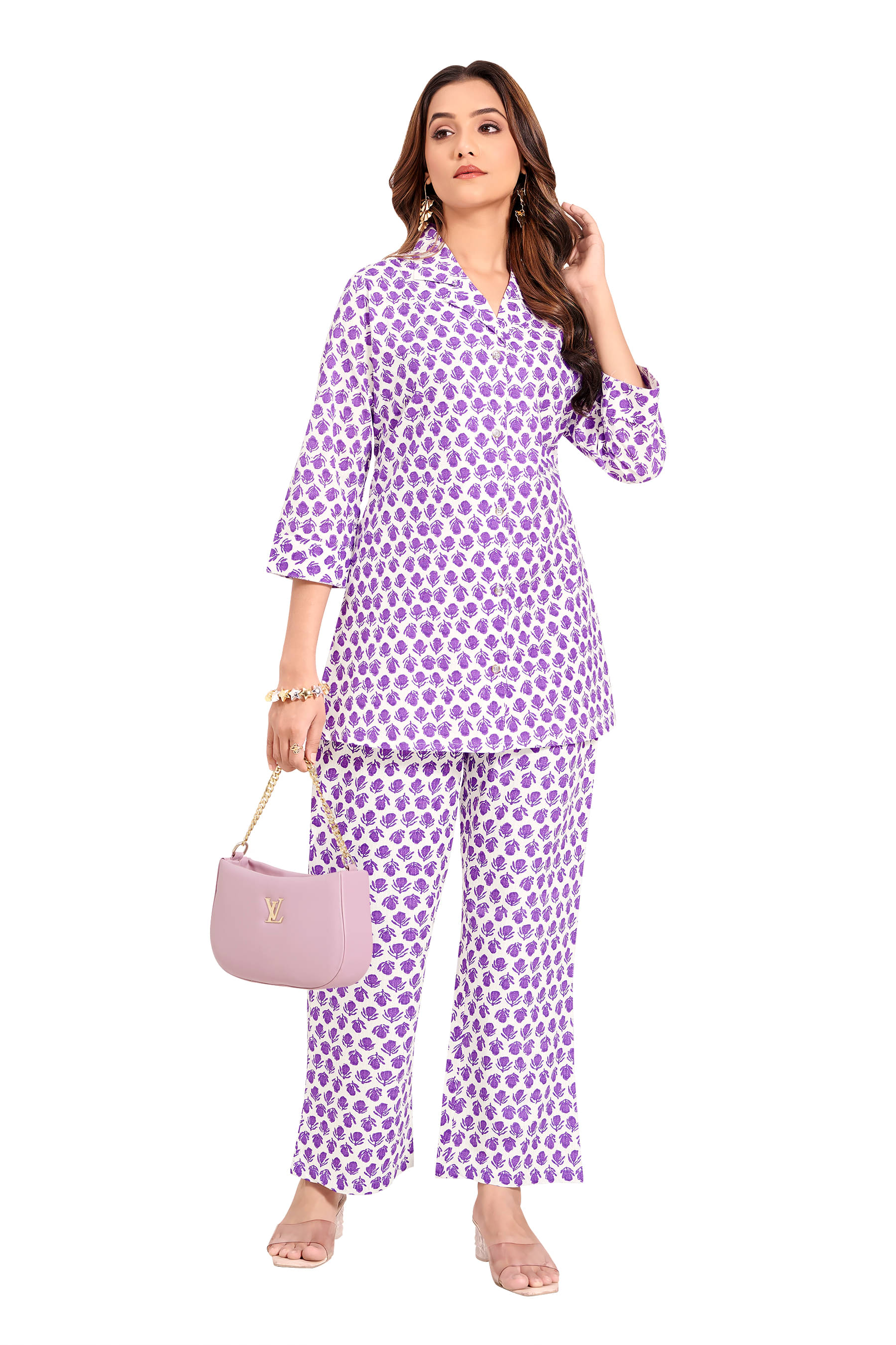     			SIMMU Women Printed Top With Palazzos Co-Ord Set ( Purple )