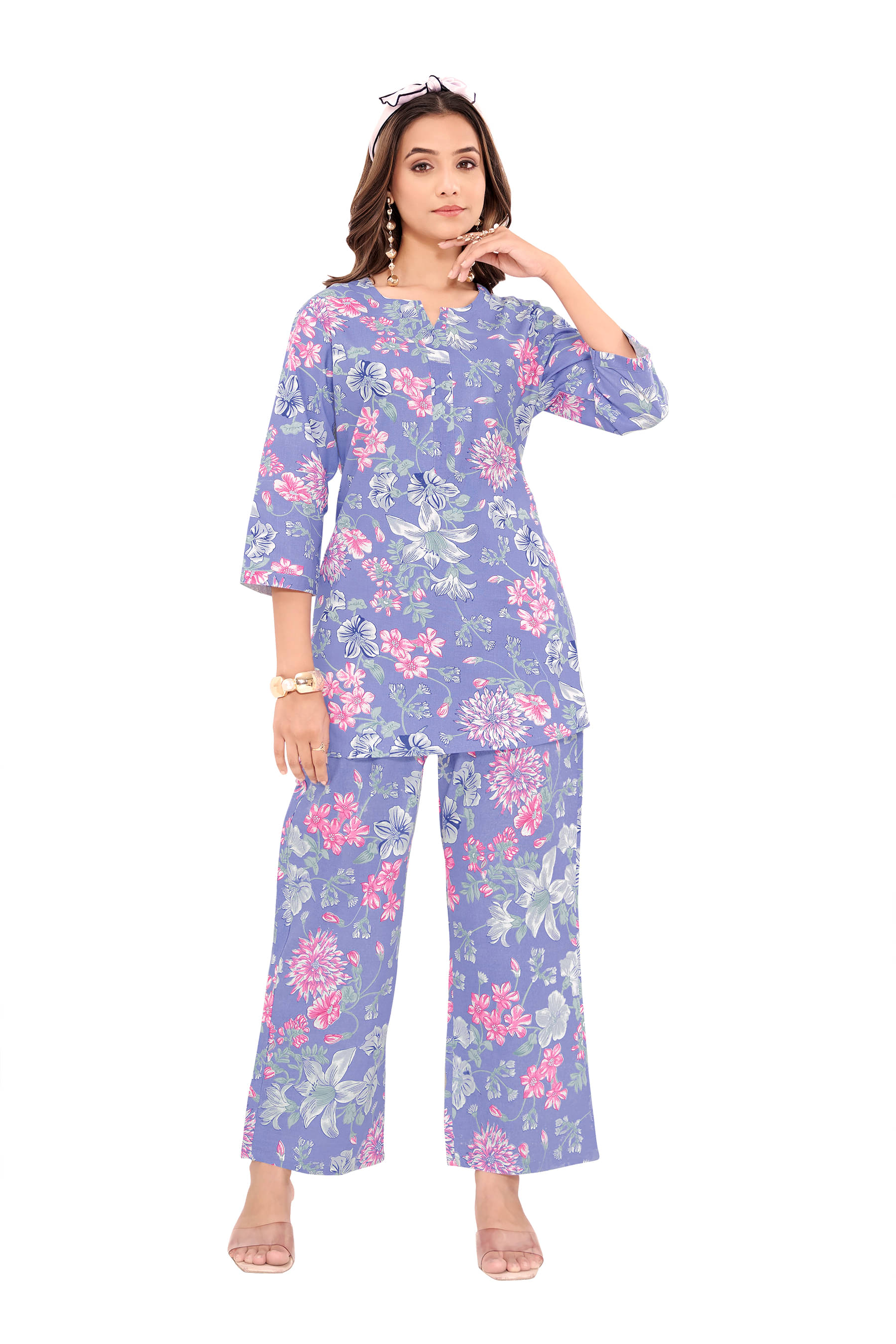     			SIMMU Women Printed Top With Palazzos Co-Ord Set ( Blue )