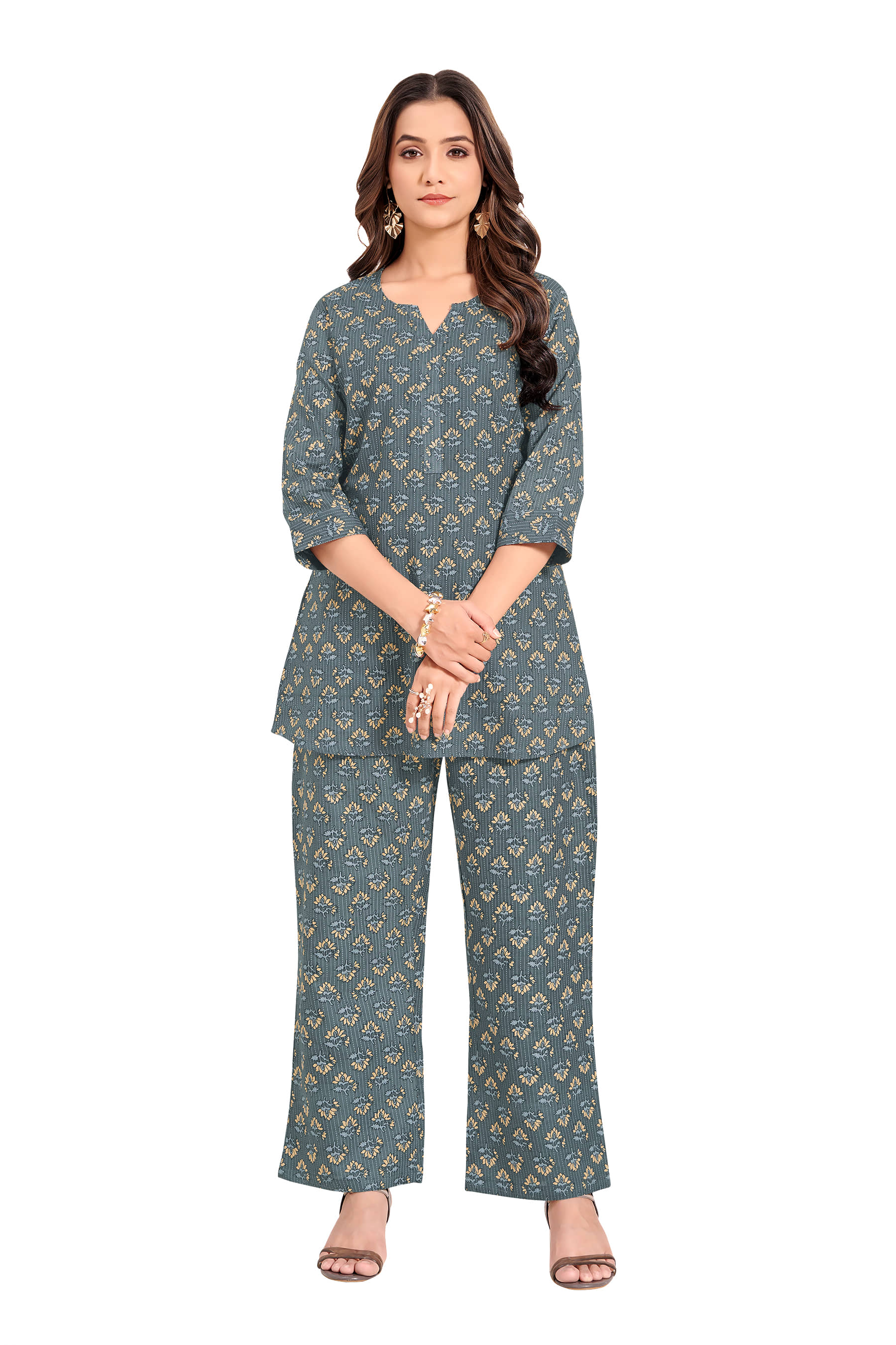 SIMMU Women Printed Top With Palazzos Co-Ord Set ( Blue )