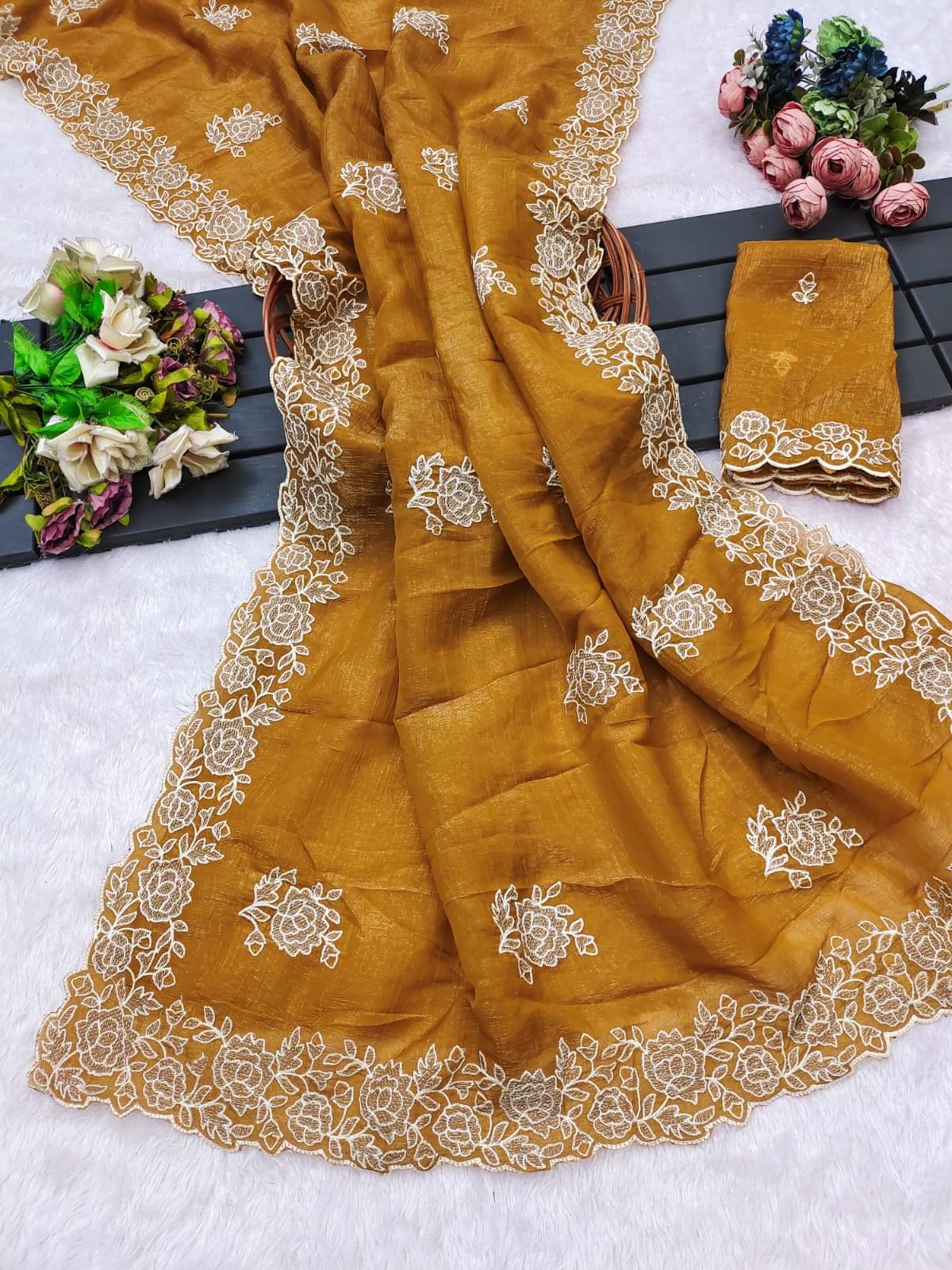 Sanwariya Silk Silk Blend Embellished Maheshwari Saree With Unstitched Blouse Piece ( Mustard )     			Sanwariya Silk Silk Blend Embellished Maheshwari Saree With Unstitched Blouse Piece ( Mustard )