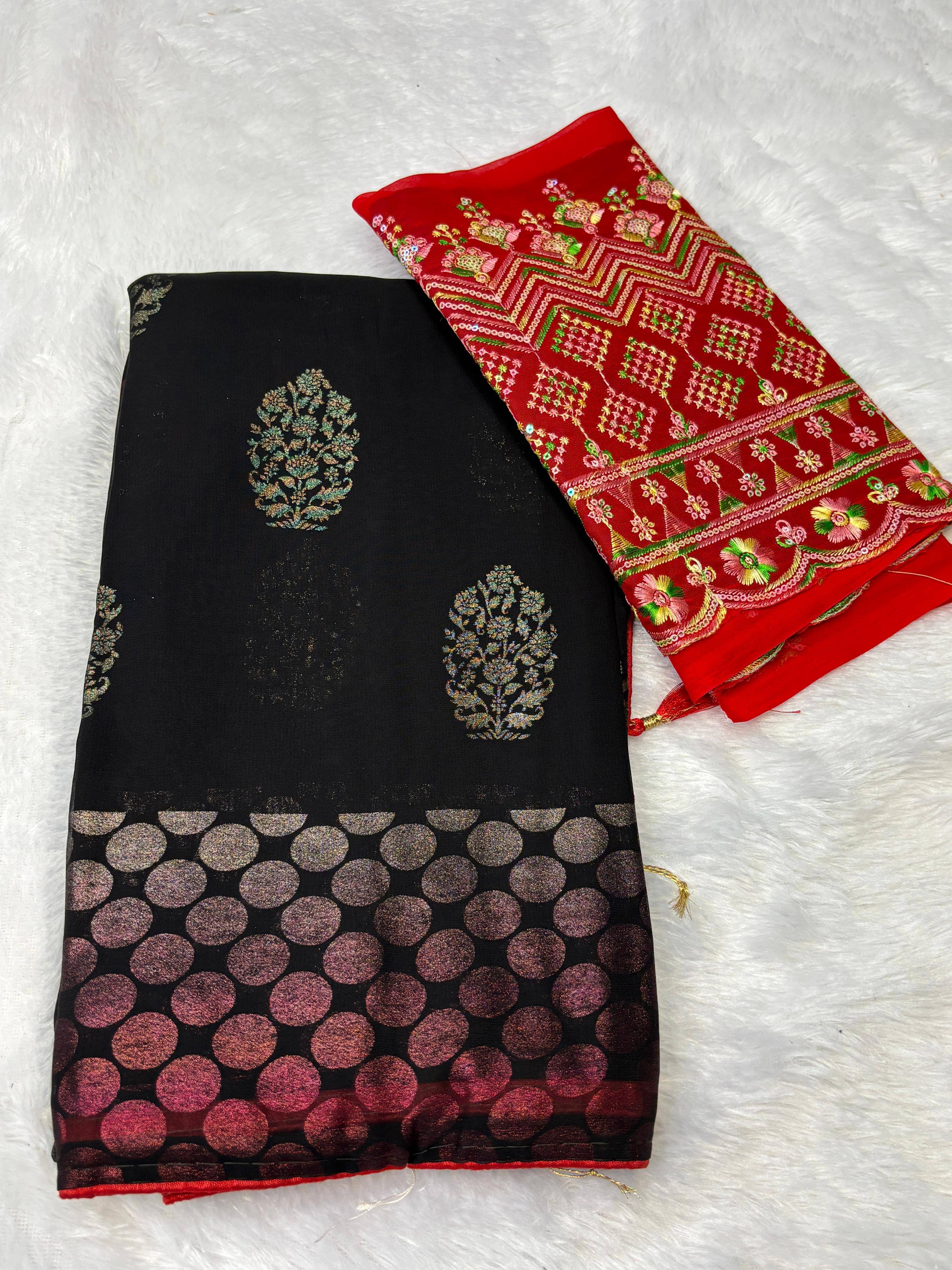     			Sanwariya Silk Silk Blend Embellished Tant Saree With Unstitched Blouse Piece ( Black )