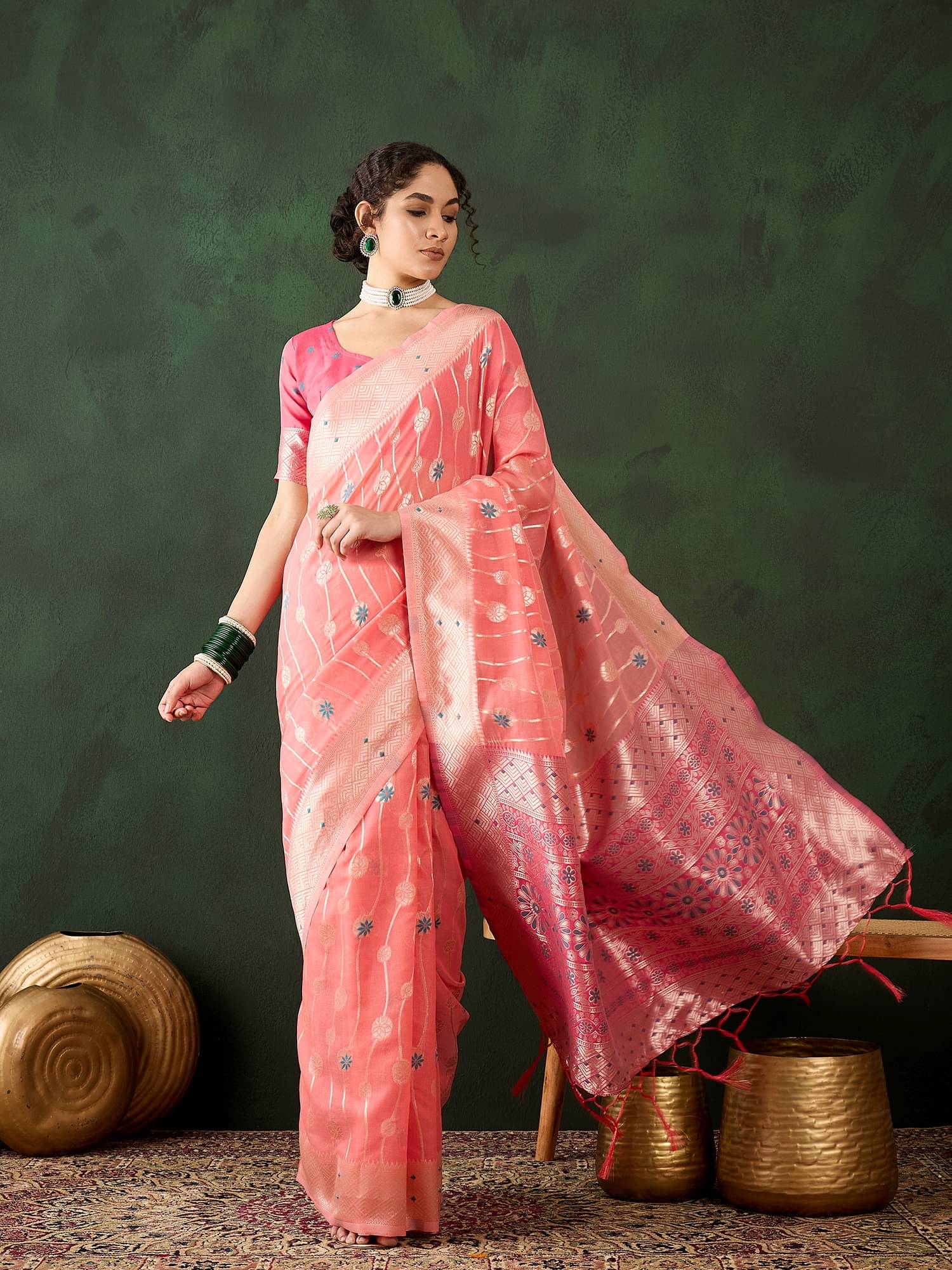 Shree Mahantam Cotton Blend Embellished Banarasi saree With Unstitched Blouse Piece ( Peach ) Shree Mahantam Cotton Blend Embellished Banarasi saree With Unstitched Blouse Piece ( Peach )
