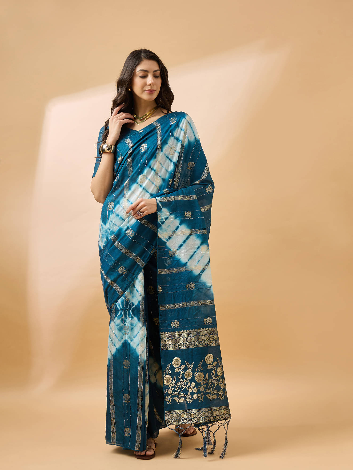 Shree Mahantam Cotton Dyed Banarasi saree With Unstitched Blouse Piece ( Teal ) Shree Mahantam Cotton Dyed Banarasi saree With Unstitched Blouse Piece ( Teal )
