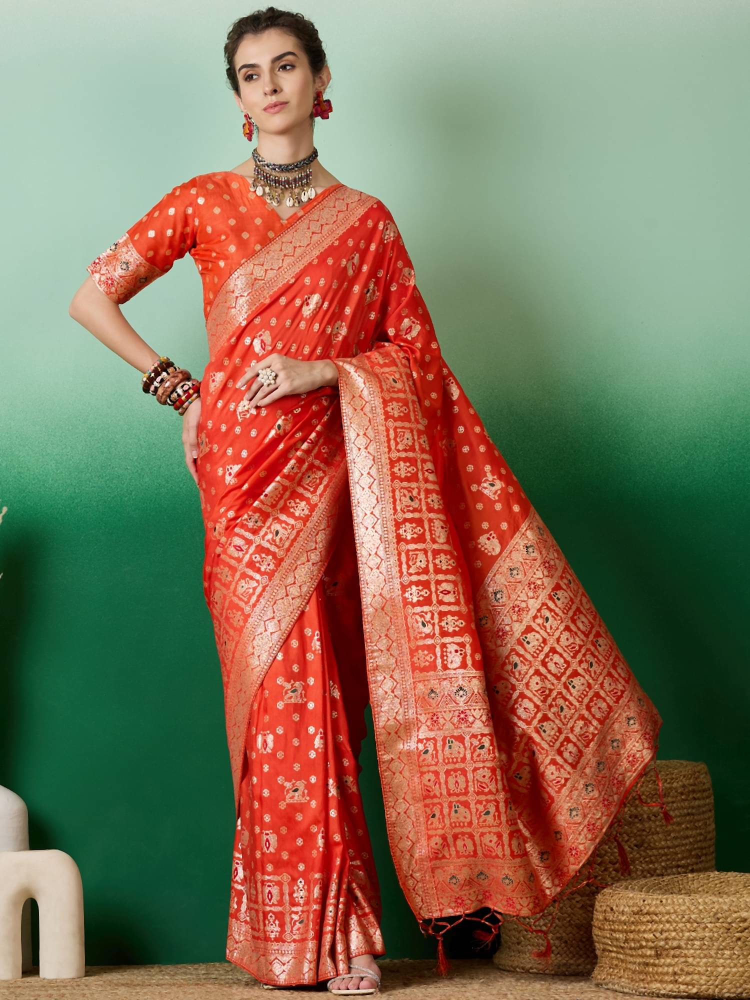 Shree Mahantam Cotton Embellished Banarasi saree With Unstitched Blouse Piece ( Orange ) Shree Mahantam Cotton Embellished Banarasi saree With Unstitched Blouse Piece ( Orange )