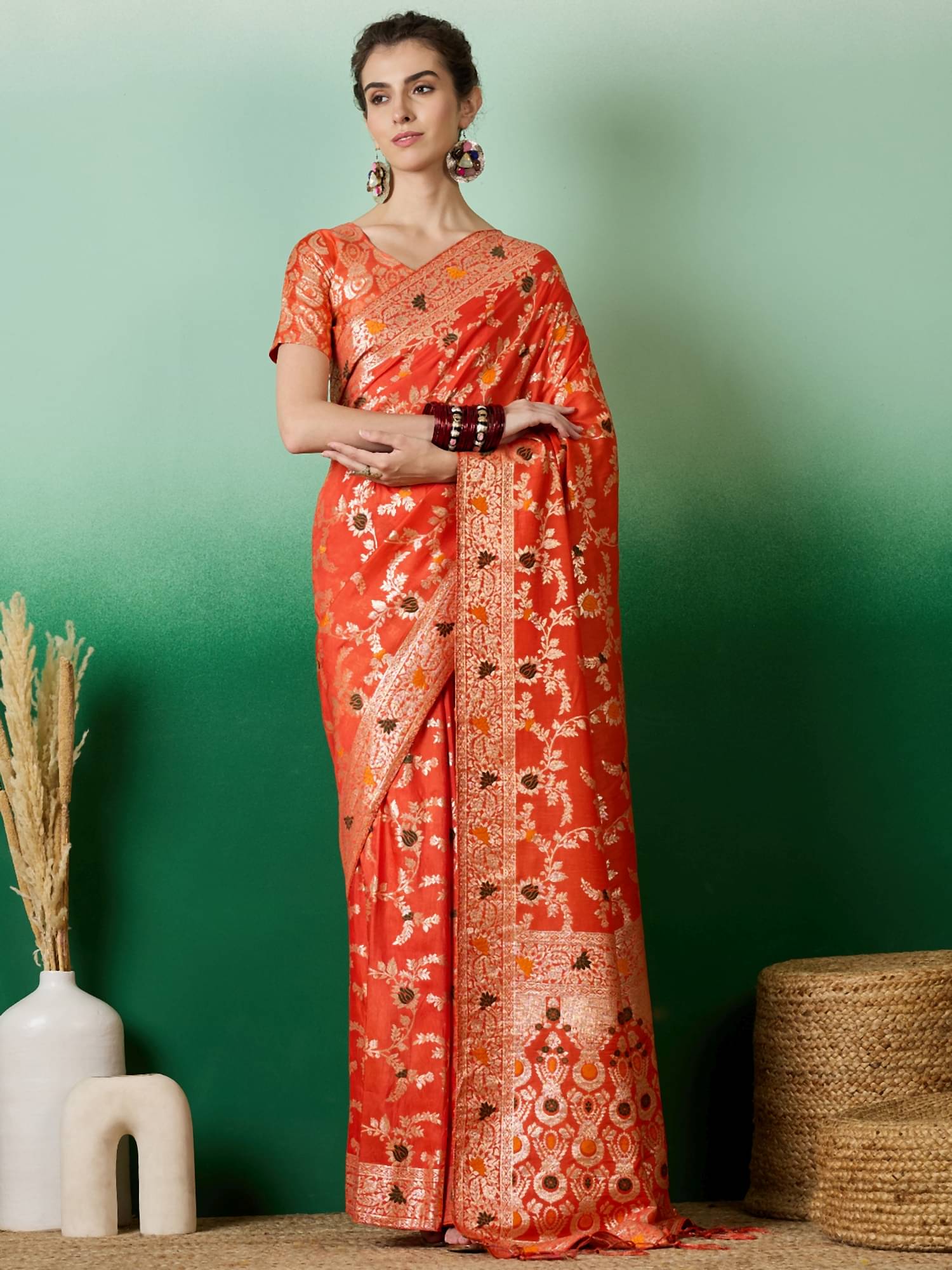    			Shree Mahantam Cotton Embellished Banarasi saree With Unstitched Blouse Piece ( Orange )