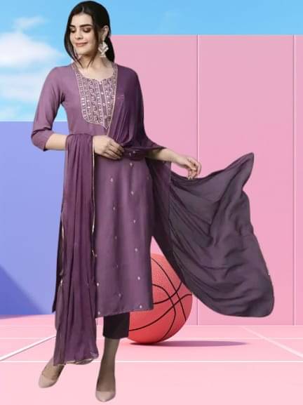     			TRIONZA Women Rayon Embroidered A-line Kurti With Pants ( Lavendar )