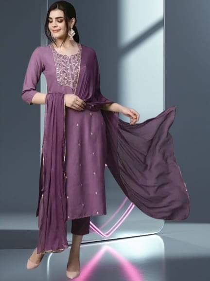     			TRIONZA Women Rayon Embroidered A-line Kurti With Pants ( Lavendar )