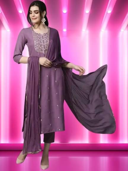     			TRIONZA Women Rayon Embroidered A-line Kurti With Pants ( Lavendar )